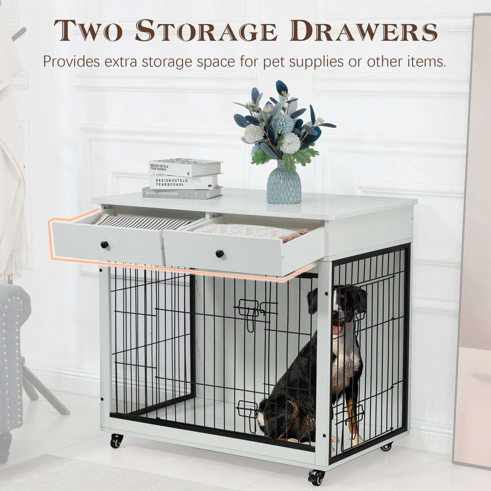 Dog Crate Furniture, Wooden Dog Crate End Table, 38.4 Inch Dog Kennel With 2 Drawers Storage, Heavy Duty Dog Crate, Decorative Pet Crate Dog Cage For Large Indoor Use White 38.4" L 23.2" W 35" H White Mdf Steel