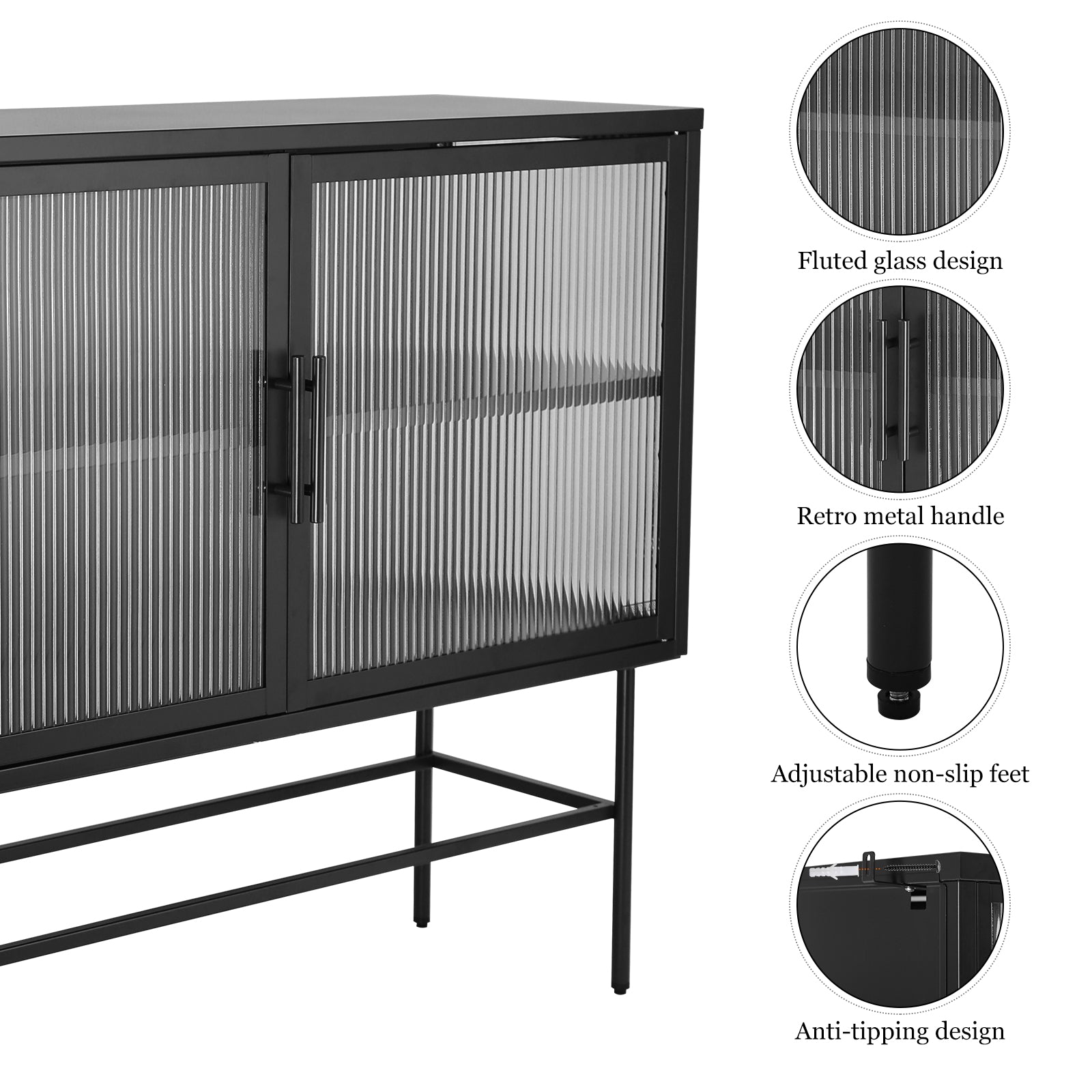 Double Door Tempered Glass Sideboard Console Table With 2 Fluted Glass Doors Adjustable Shelf And Feet Anti Tip Dust Free Kitchen Credenza Cabinet Black Black Tempered Glass Sheet Metal Plastic