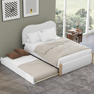 Full Size Upholstered Platform Bed With Wood Supporting Feet And Twin Size Trundle, White Box Spring Not Required Full White Wood Bedroom Upholstered