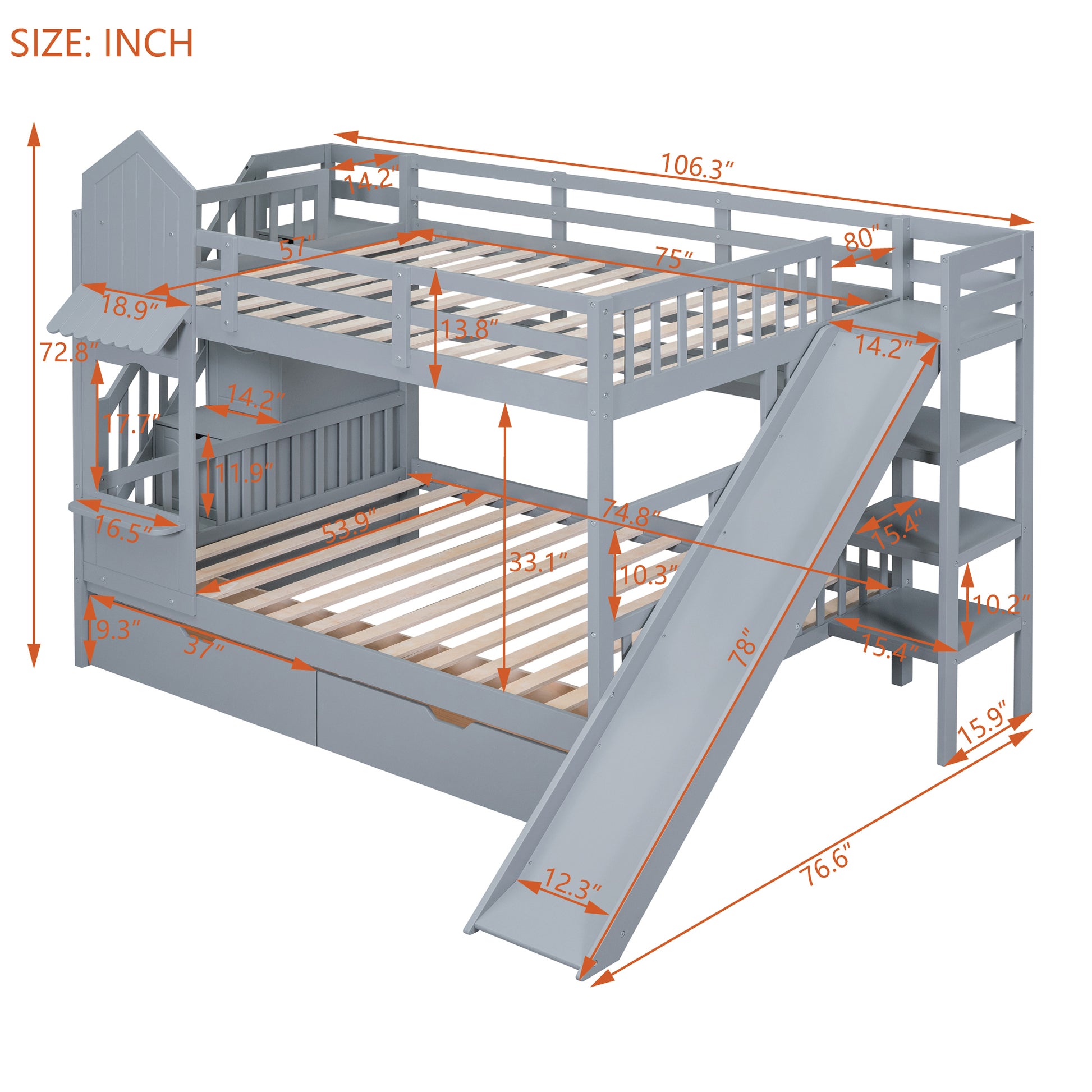 Full Over Full Castle Style Bunk Bed With 2 Drawers 3 Shelves And Slide Gray Gray Solid Wood