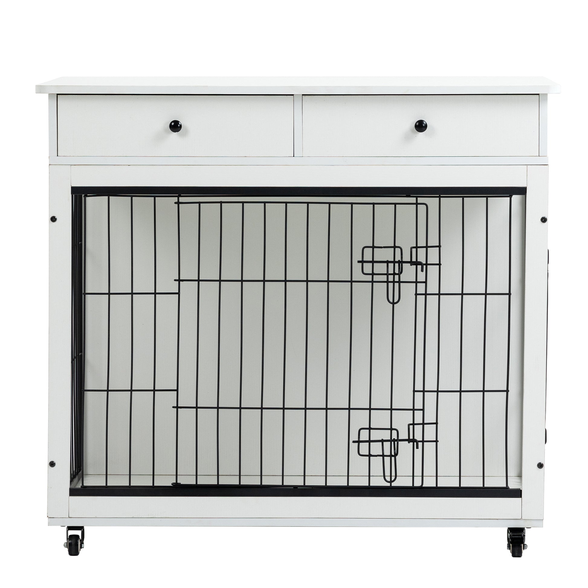 Dog Crate Furniture, Wooden Dog Crate End Table, 38.4 Inch Dog Kennel With 2 Drawers Storage, Heavy Duty Dog Crate, Decorative Pet Crate Dog Cage For Large Indoor Use White 38.4" L 23.2" W 35" H White Mdf Steel