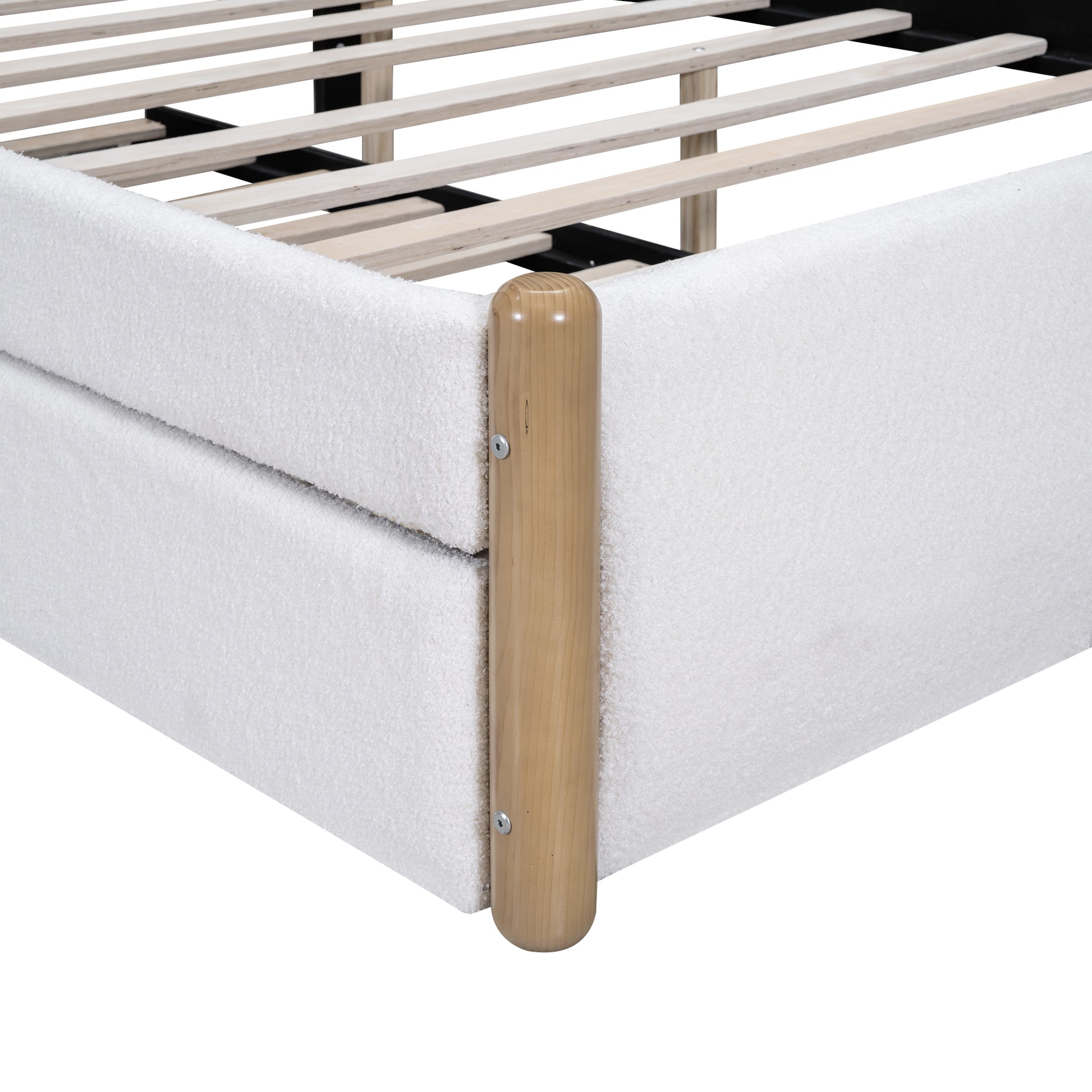 Full Size Upholstered Platform Bed With Wood Supporting Feet And Twin Size Trundle, White Box Spring Not Required Full White Wood Bedroom Upholstered