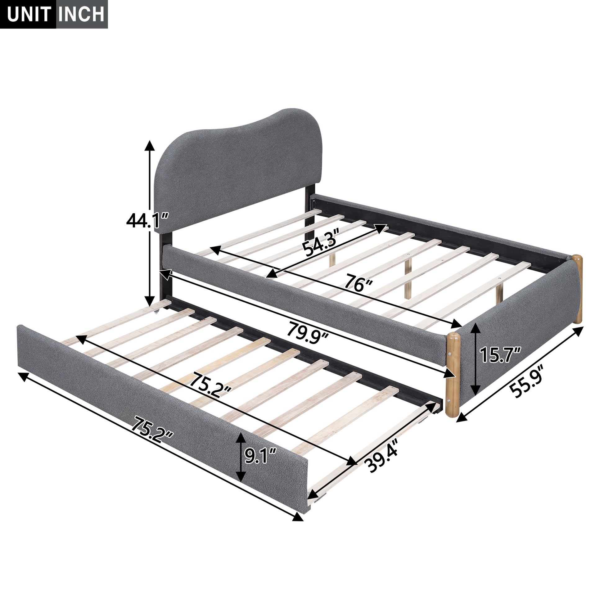 Full Size Upholstered Platform Bed With Wood Supporting Feet And Twin Size Trundle, Gray Box Spring Not Required Full Gray Wood Bedroom Upholstered