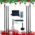 Set Of 6 Rc String Light Pole, 9 Ft Lighting Stand With Star Shape Hooks, Led Solar Bulbs For Parties, Christmas Black Metal