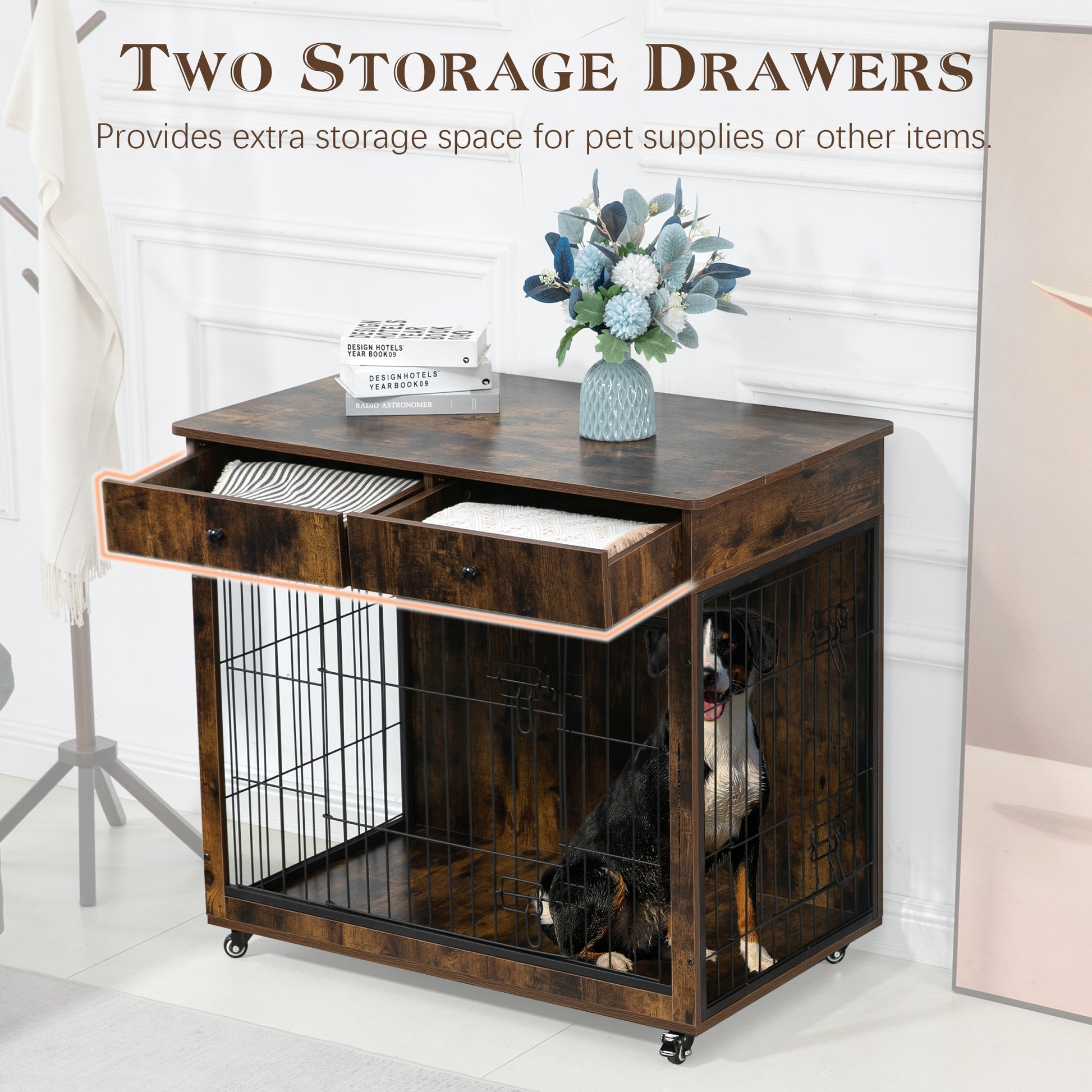 Dog Crate Furniture, Wooden Dog Crate End Table, 38.4 Inch Dog Kennel With 2 Drawers Storage, Heavy Duty Dog Crate, Decorative Pet Crate Dog Cage For Large Indoor Use Rustic Brown 38.4" L 23.2" W 35 Brown Mdf Steel