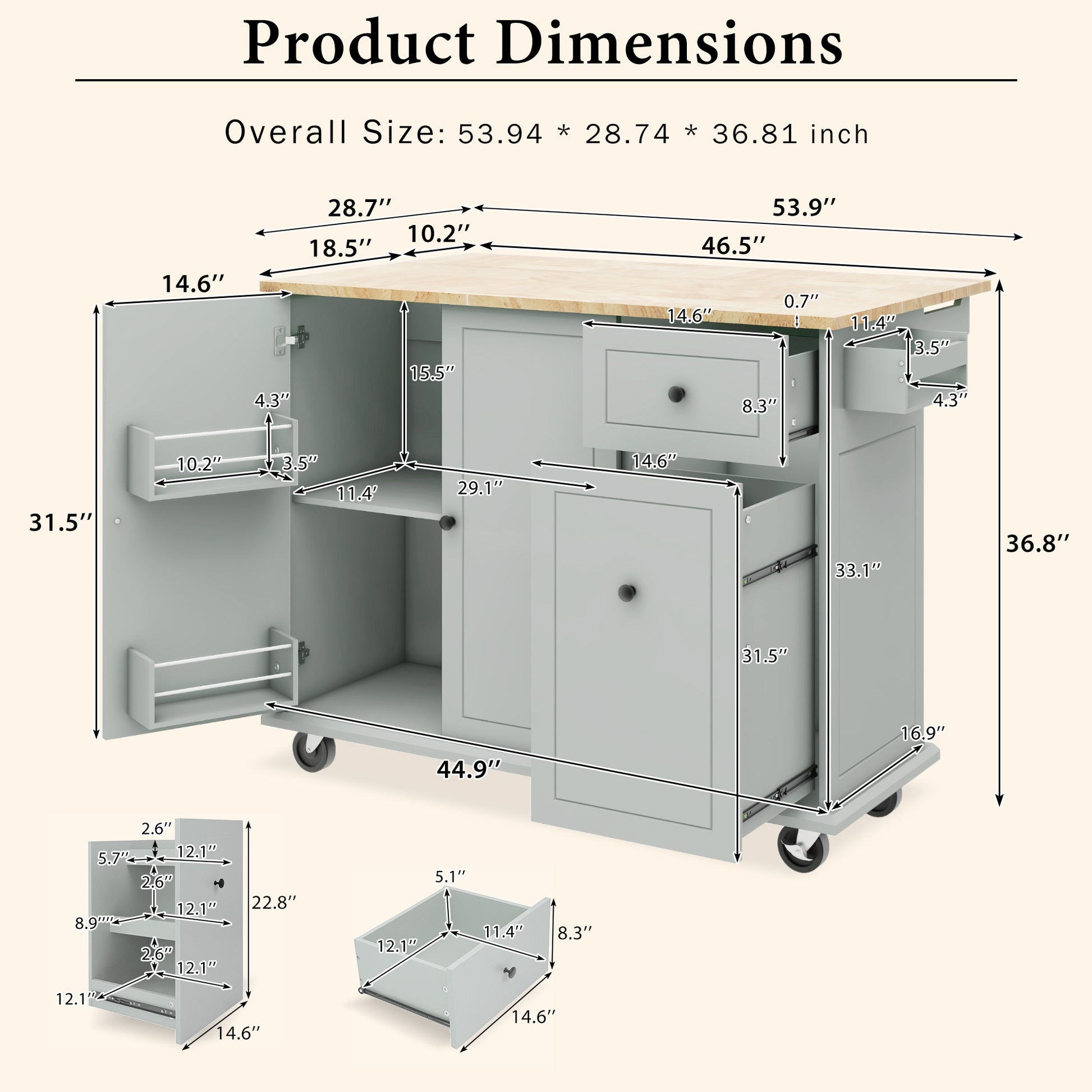 Kitchen Island with Drop Leaf, 53.9" Width Rolling