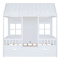 Full Size Wood House Bed With Twin Size Trundle, Wooden Daybed, White Full White Solid Wood