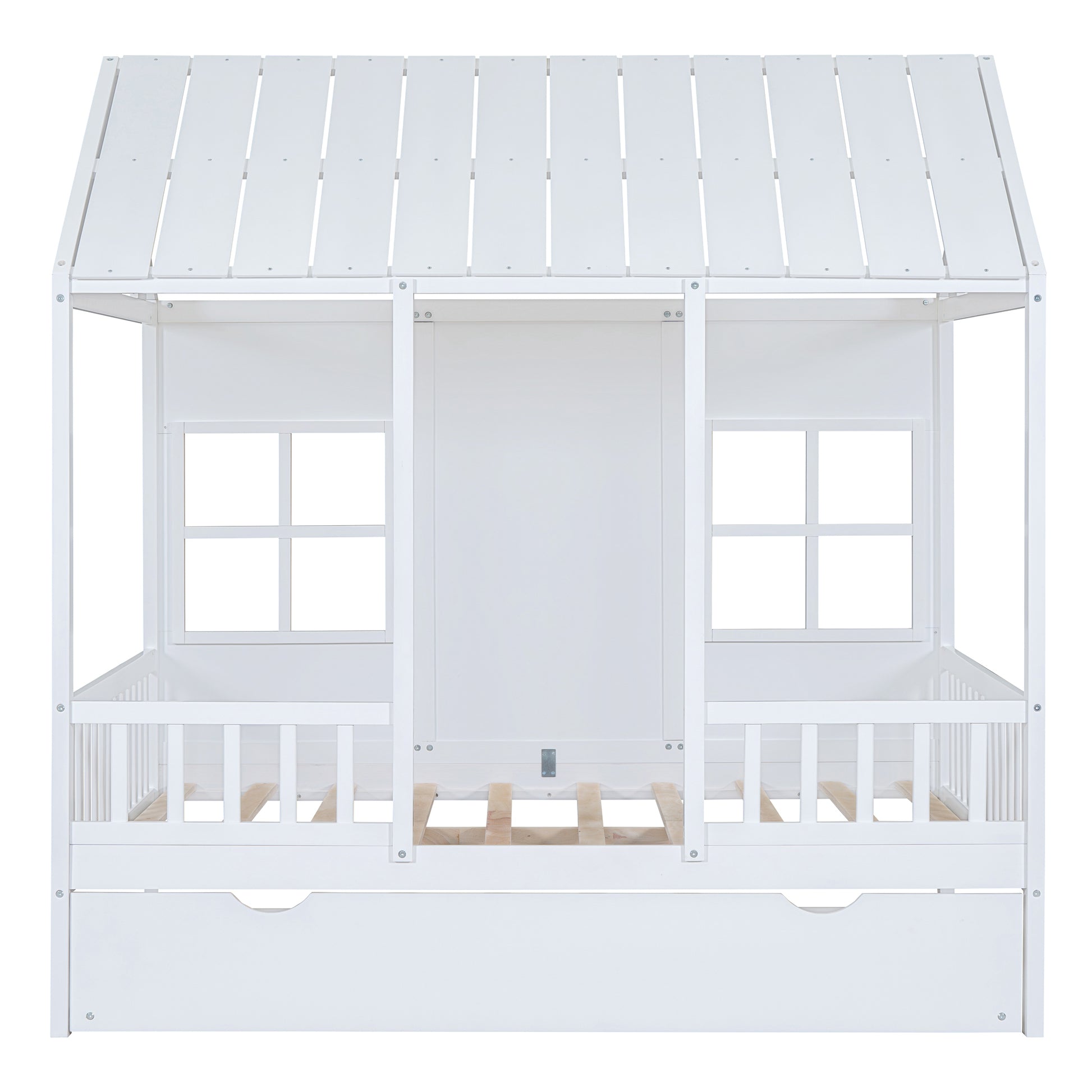 Full Size Wood House Bed With Twin Size Trundle, Wooden Daybed, White Full White Solid Wood