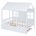 Full Size Wood House Bed With Twin Size Trundle, Wooden Daybed, White Full White Solid Wood