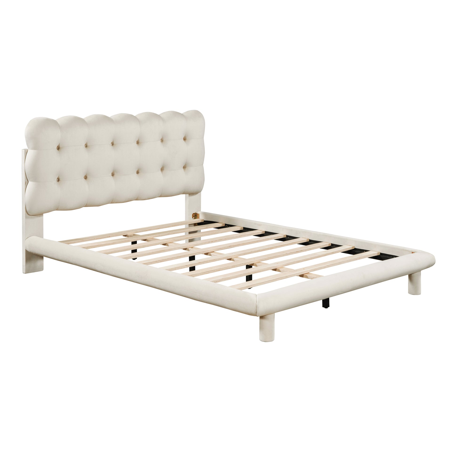 Full Size Velvet Platform Bed With Led Frame, Thick & Soft Fabric And Button Tufted Design Headboard, Beige Beige Velvet