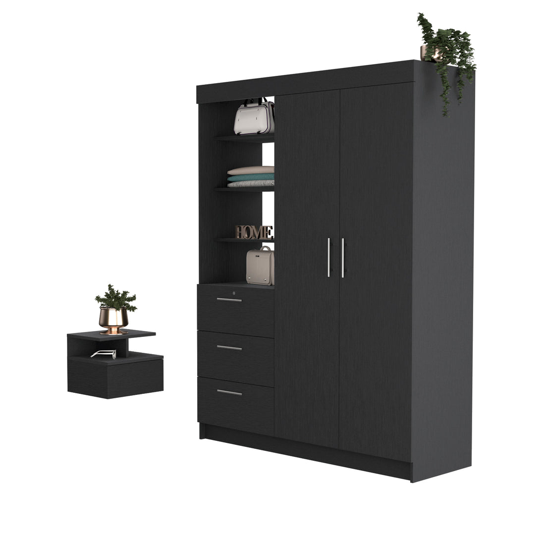 Kenya 2 Piece Bedroom Set, Armoire Nightstand, Black Black Particle Board Engineered Wood