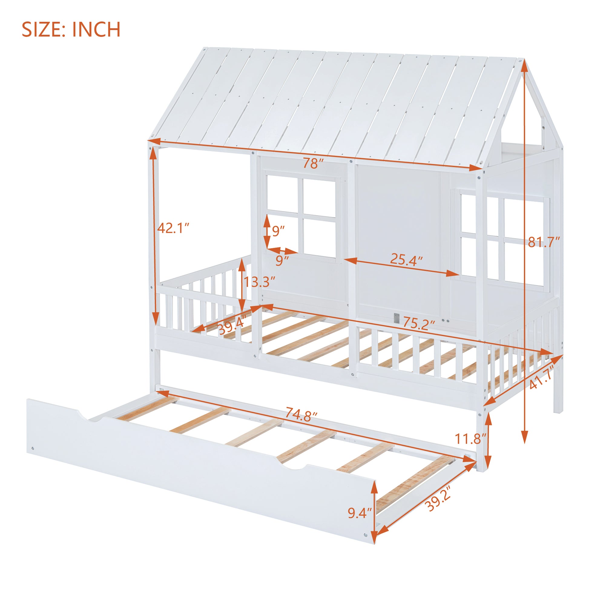 Twin Size Wood House Bed With Twin Size Trundle, Wooden Daybed, White White Solid Wood