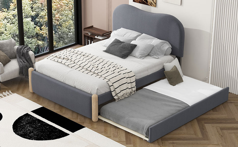 Full Size Upholstered Platform Bed With Wood Supporting Feet And Twin Size Trundle, Gray Box Spring Not Required Full Gray Wood Bedroom Upholstered