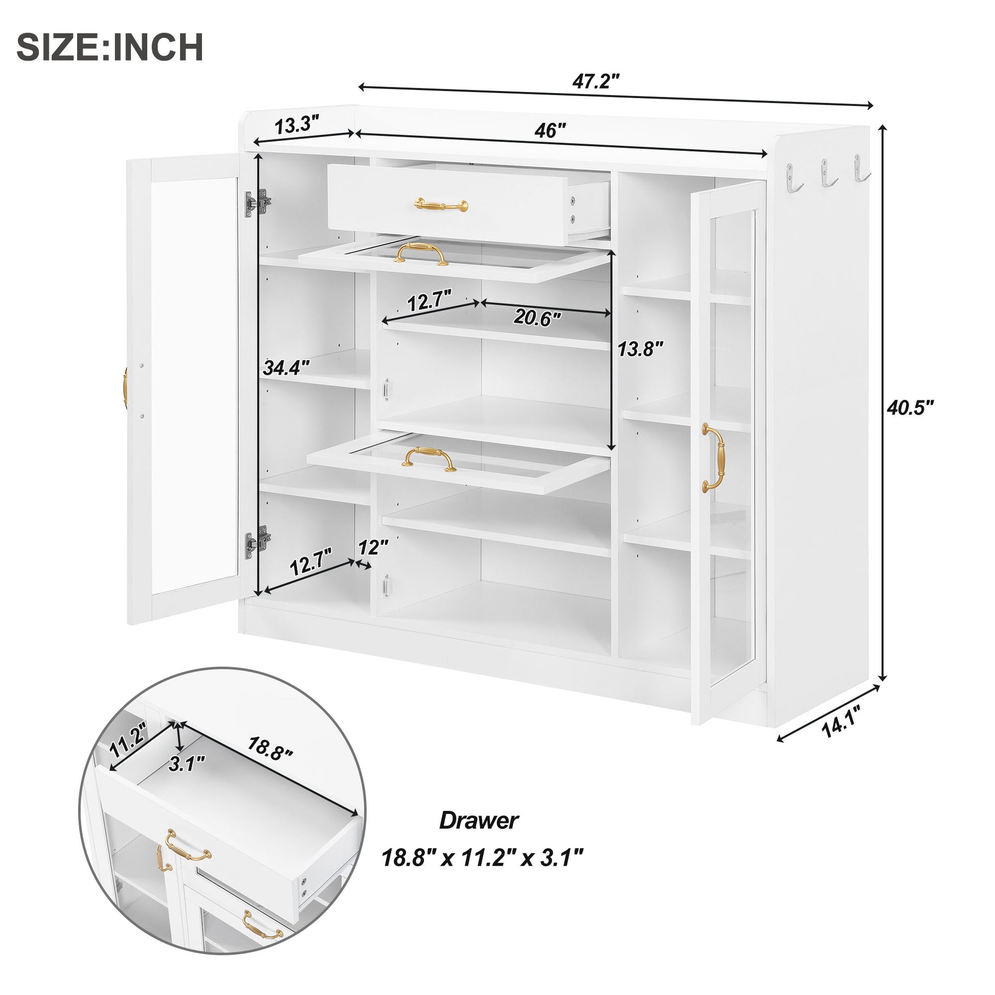 Modernist Side Cabinet With 4 Glass Doors & 3 Hooks, Freestanding Shoe Rack With Multiple Adjustable Shelves, Versatile Display Cabinet With Gold Handles For Hallway, Living Room, White 5 Or More Spaces White Primary Living Space Adjustable Shelves