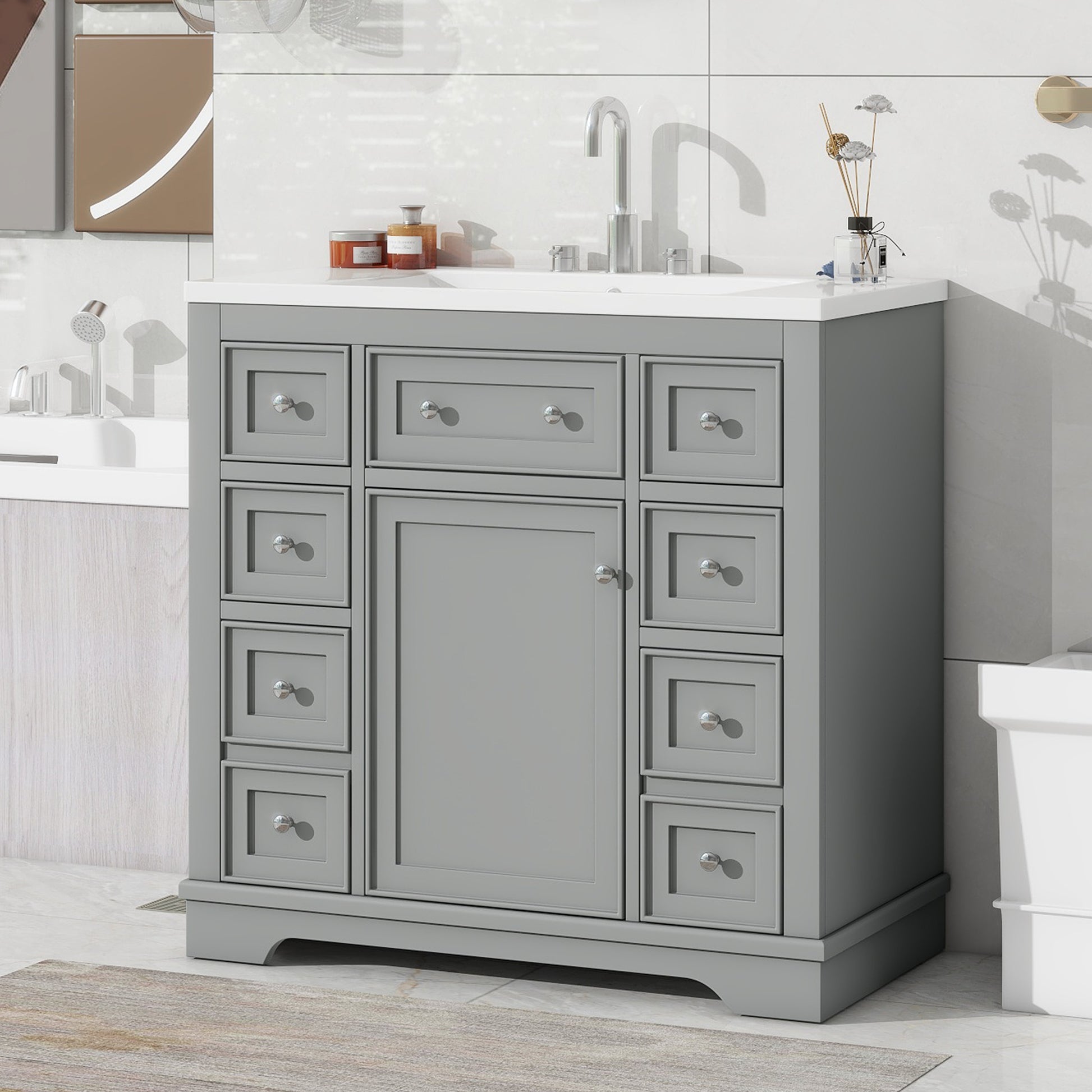 36" Bathroom Vanity With Sink Combo, One Cabinet And Six Drawers, Solid Wood And Mdf Board, Grey Old Sku:Sy999404Aae Grey Solid Wood Mdf