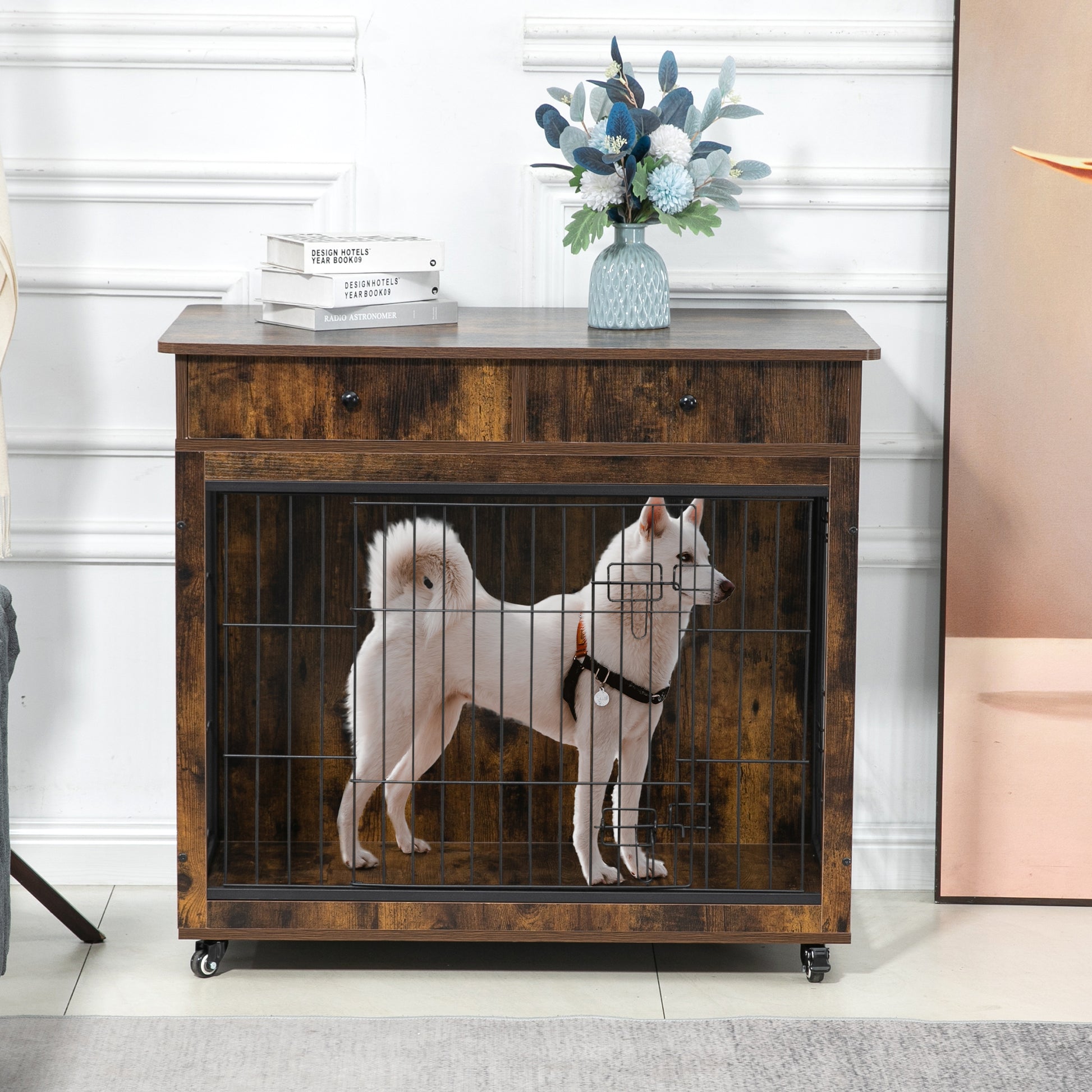 Dog Crate Furniture, Wooden Dog Crate End Table, 38.4 Inch Dog Kennel With 2 Drawers Storage, Heavy Duty Dog Crate, Decorative Pet Crate Dog Cage For Large Indoor Use Rustic Brown 38.4" L 23.2" W 35 Brown Mdf Steel