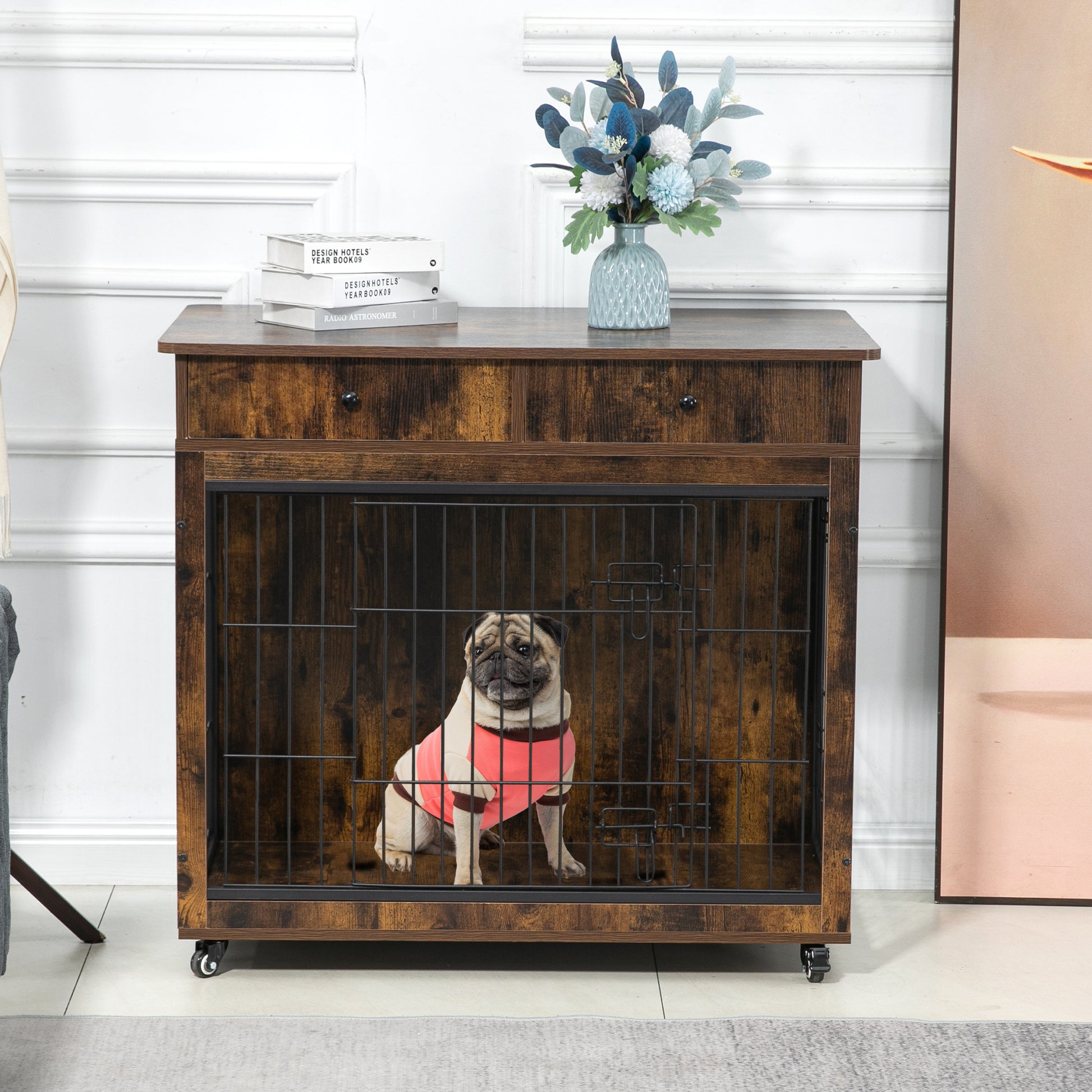 Dog Crate Furniture, Wooden Dog House, Decorative Dog Kennel With Drawer, Indoor Pet Crate End Table For Small Dog, Steel Tube Dog Cage, Chew Proof, Rustic Brown 31.7" L 23.2" W 33" H Brown Mdf Steel