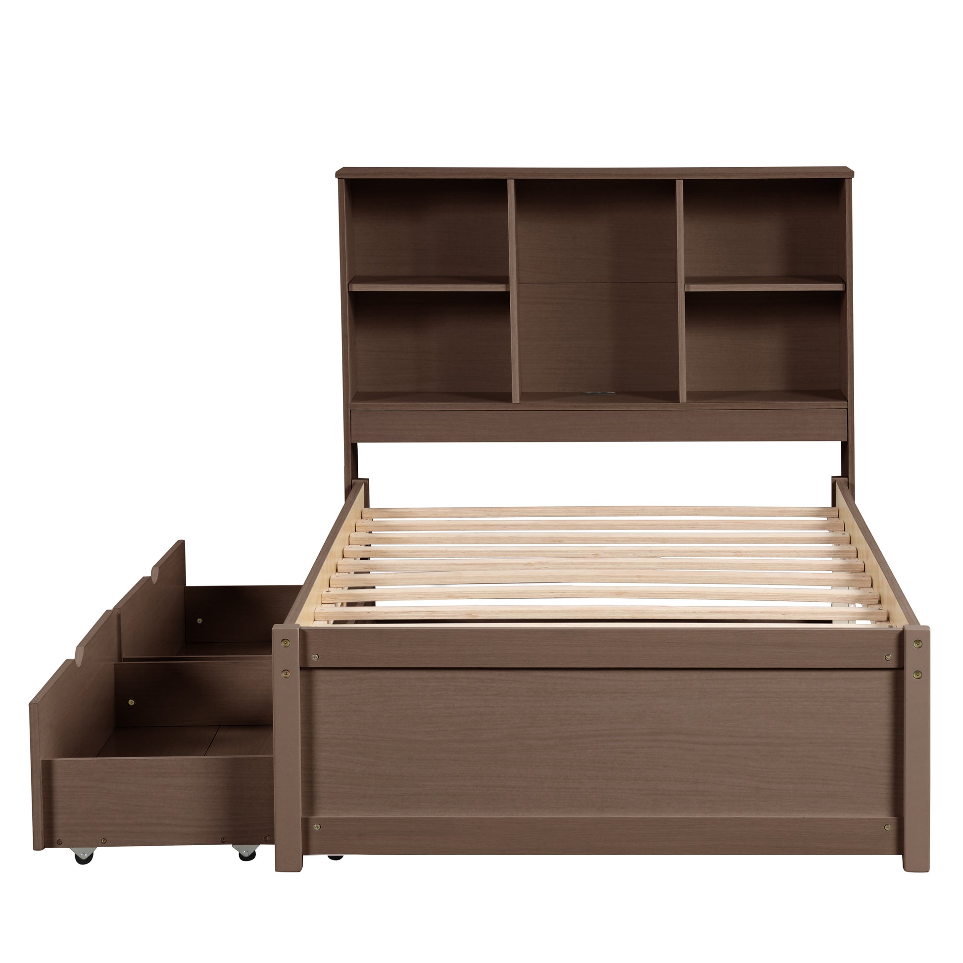 Modern Twin Size Bed Frame With Built In Usb Port On Bookcase Headboard And 2 Drawers For Walnut Color Box Spring Not Required Twin Walnut Bedroom Bed Frame Particle Board