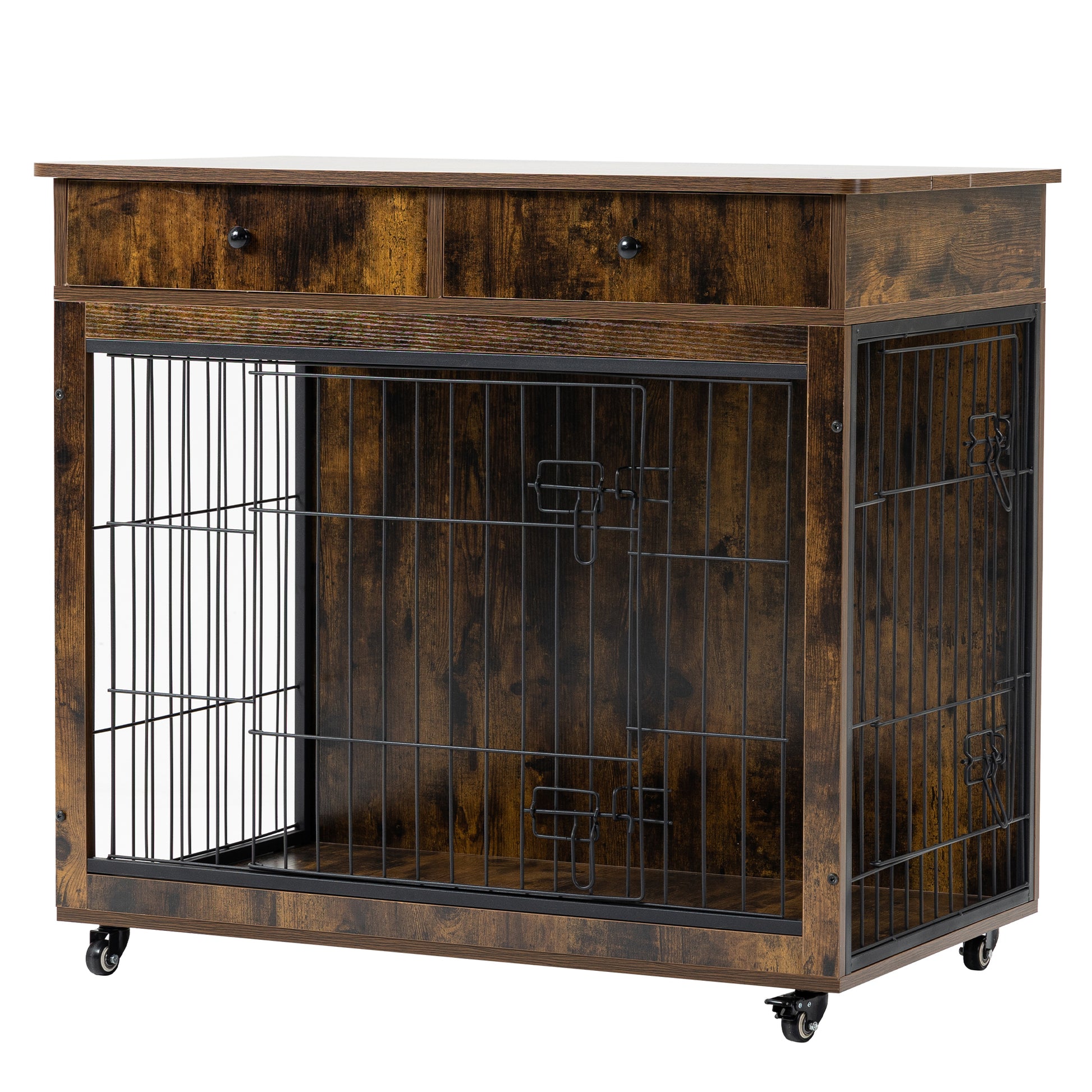 Dog Crate Furniture, Wooden Dog House, Decorative Dog Kennel With Drawer, Indoor Pet Crate End Table For Small Dog, Steel Tube Dog Cage, Chew Proof, Rustic Brown 31.7" L 23.2" W 33" H Brown Mdf Steel