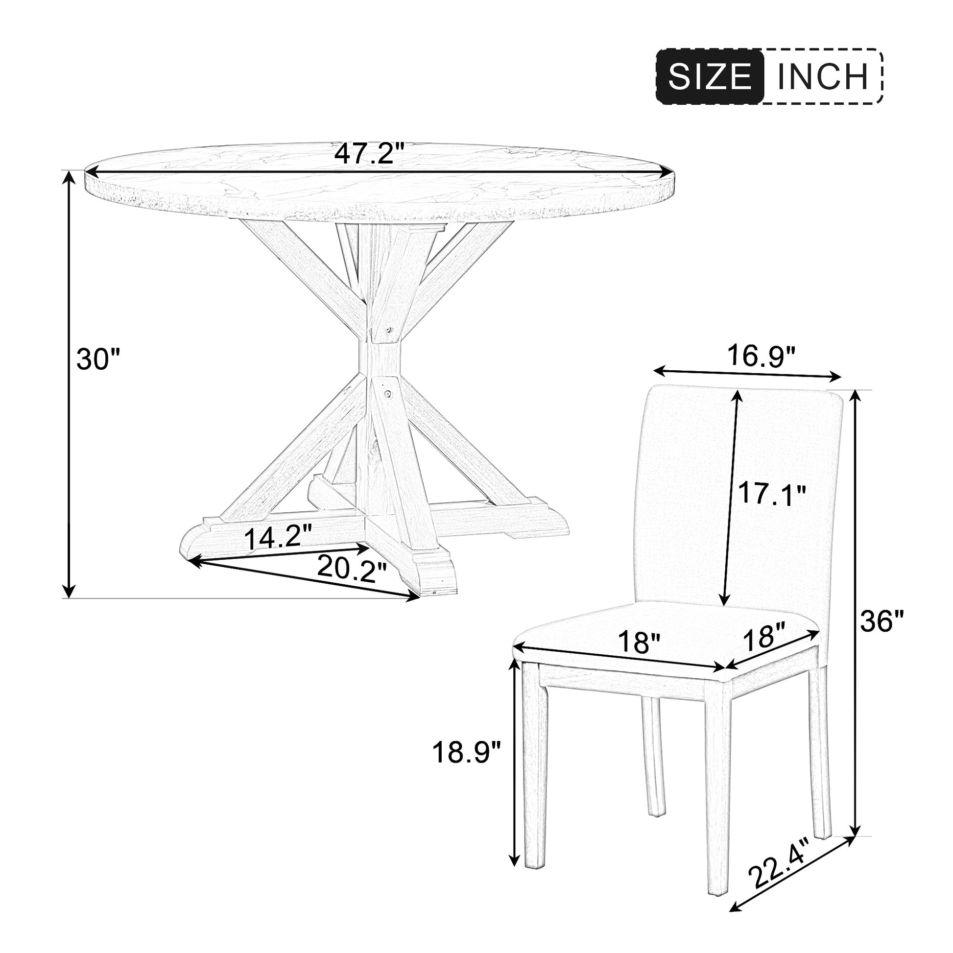 5 Piece Farmhouse Style Dining Table Set, Marble Sticker And Cross Bracket Pedestal Dining Table, And 4 Upholstered Chairs White Walnut Upholstered Chair Wood White Walnut Seats 4 Wood Dining Room