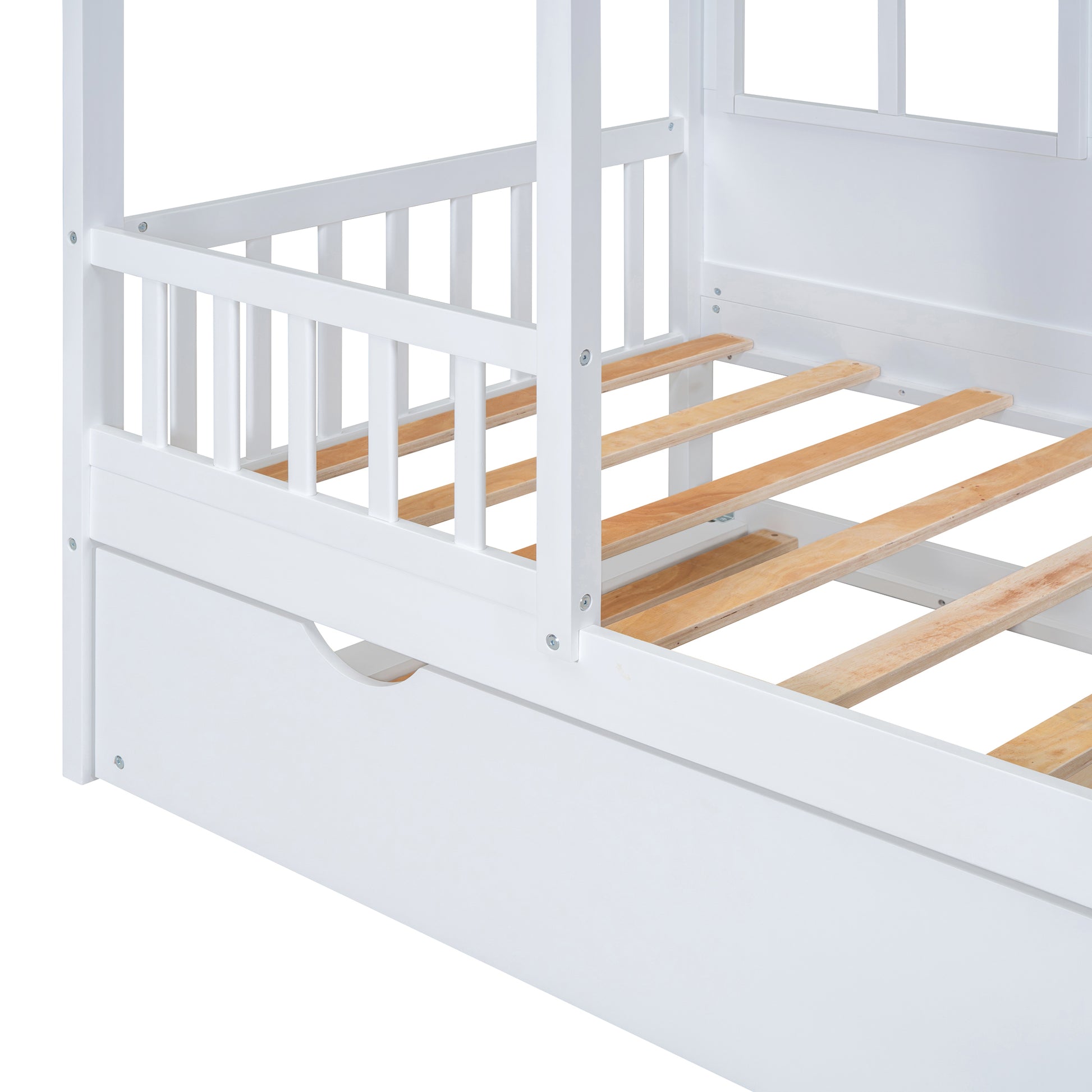 Twin Size Wood House Bed With Twin Size Trundle, Wooden Daybed, White White Solid Wood