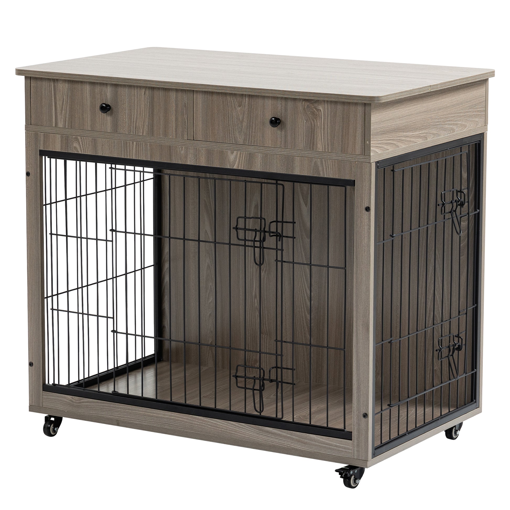 Dog Crate Furniture, Wooden Dog Crate End Table, 38.4 Inch Dog Kennel With 2 Drawers Storage, Heavy Duty Dog Crate, Decorative Pet Crate Dog Cage For Large Indoor Use Grey 38.4" L 23.2" W 35" H Grey Mdf Steel