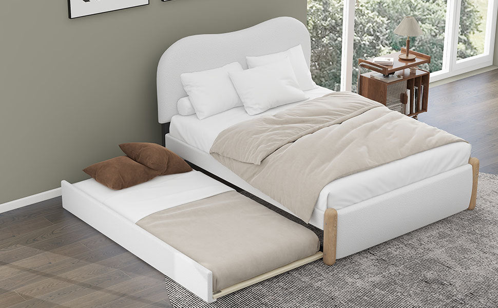 Full Size Upholstered Platform Bed With Wood Supporting Feet And Twin Size Trundle, White Box Spring Not Required Full White Wood Bedroom Upholstered