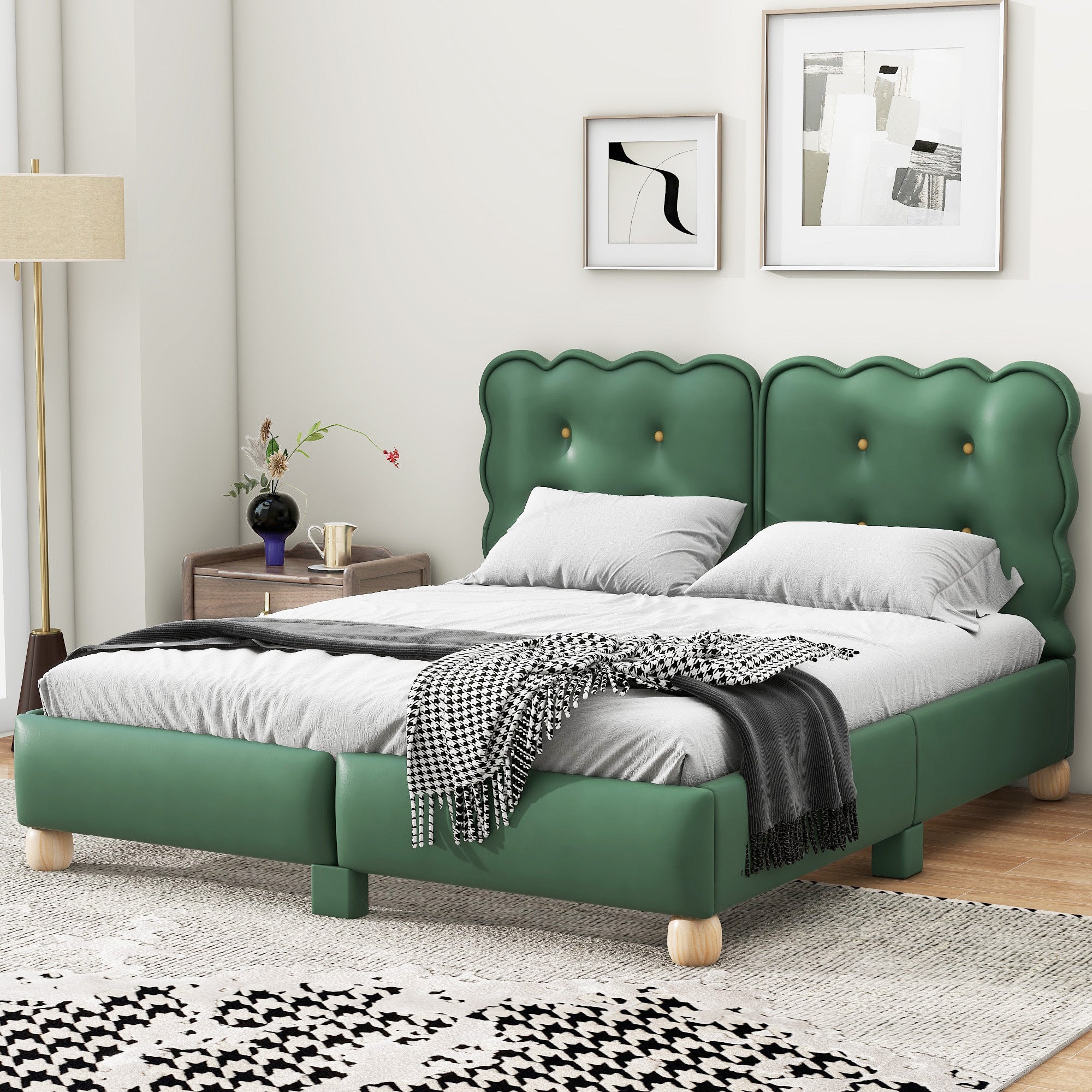 Queen Size Upholstered Platform Bed with Support green-upholstered