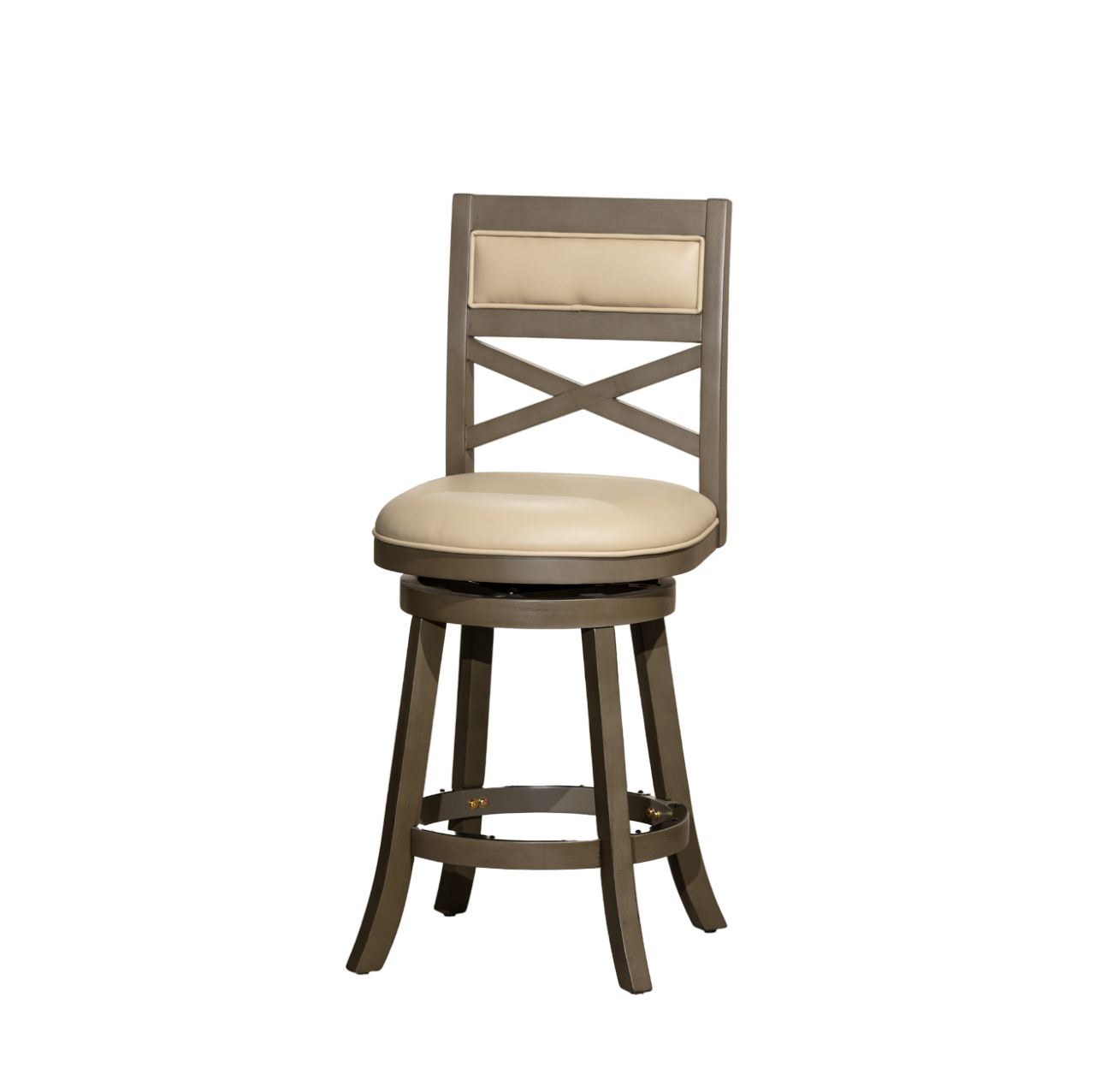 24" Counter Height X Back Swivel Stool, Weathered Gray Finish, French Gray Leather Seat Gray Bonded Leather