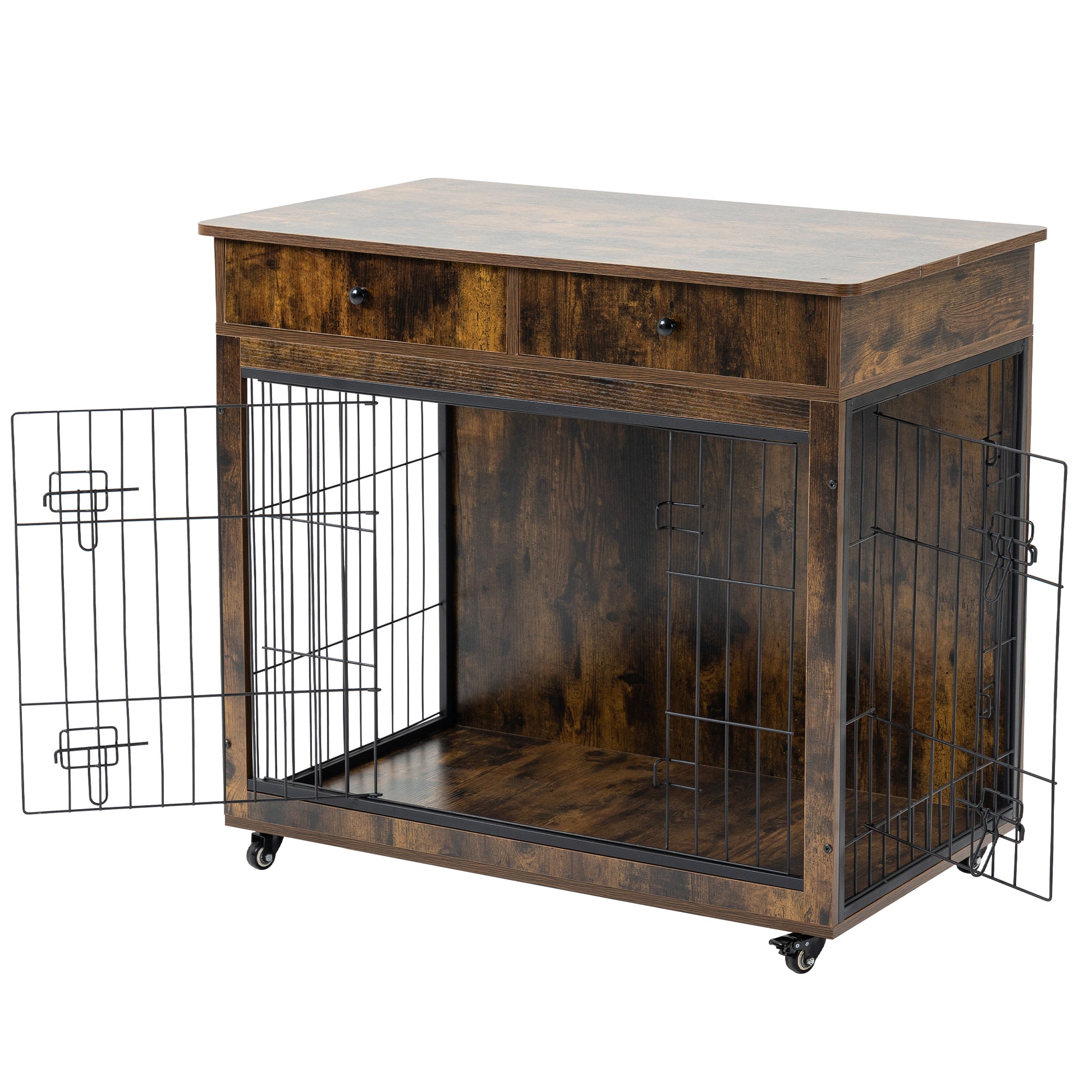 Dog Crate Furniture, Wooden Dog House, Decorative Dog Kennel With Drawer, Indoor Pet Crate End Table For Small Dog, Steel Tube Dog Cage, Chew Proof, Rustic Brown 31.7" L 23.2" W 33" H Brown Mdf Steel