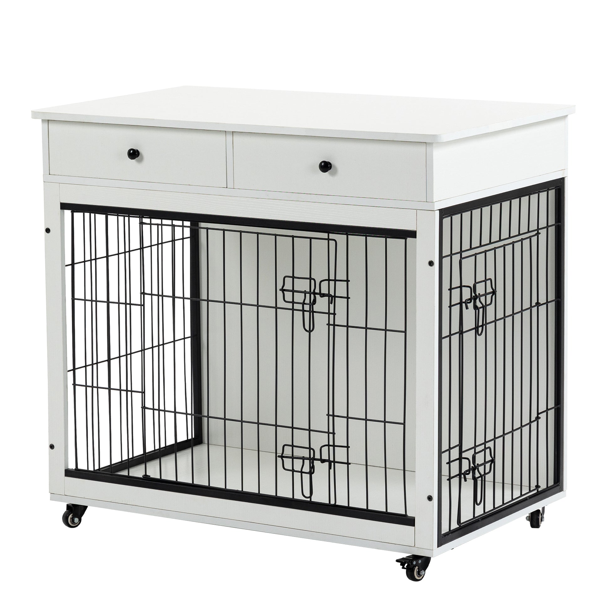 Dog Crate Furniture, Wooden Dog Crate End Table, 38.4 Inch Dog Kennel With 2 Drawers Storage, Heavy Duty Dog Crate, Decorative Pet Crate Dog Cage For Large Indoor Use White 38.4" L 23.2" W 35" H White Mdf Steel