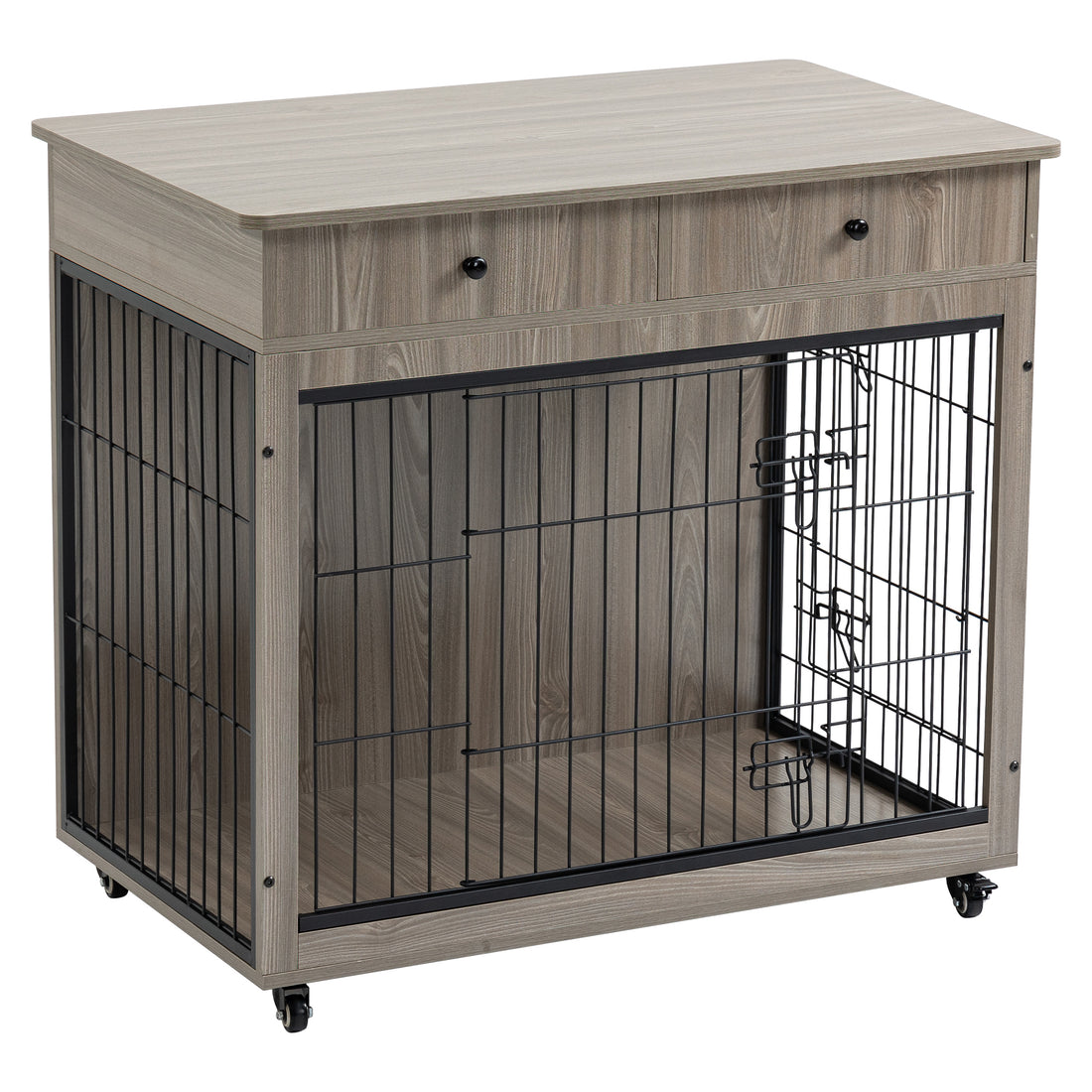 Dog Crate Furniture, Wooden Dog House, Decorative Dog Kennel With Drawer, Indoor Pet Crate End Table For Small Dog, Steel Tube Dog Cage, Chew Proof, Grey 31.7" L 23.2" W 33" H Grey Mdf Steel