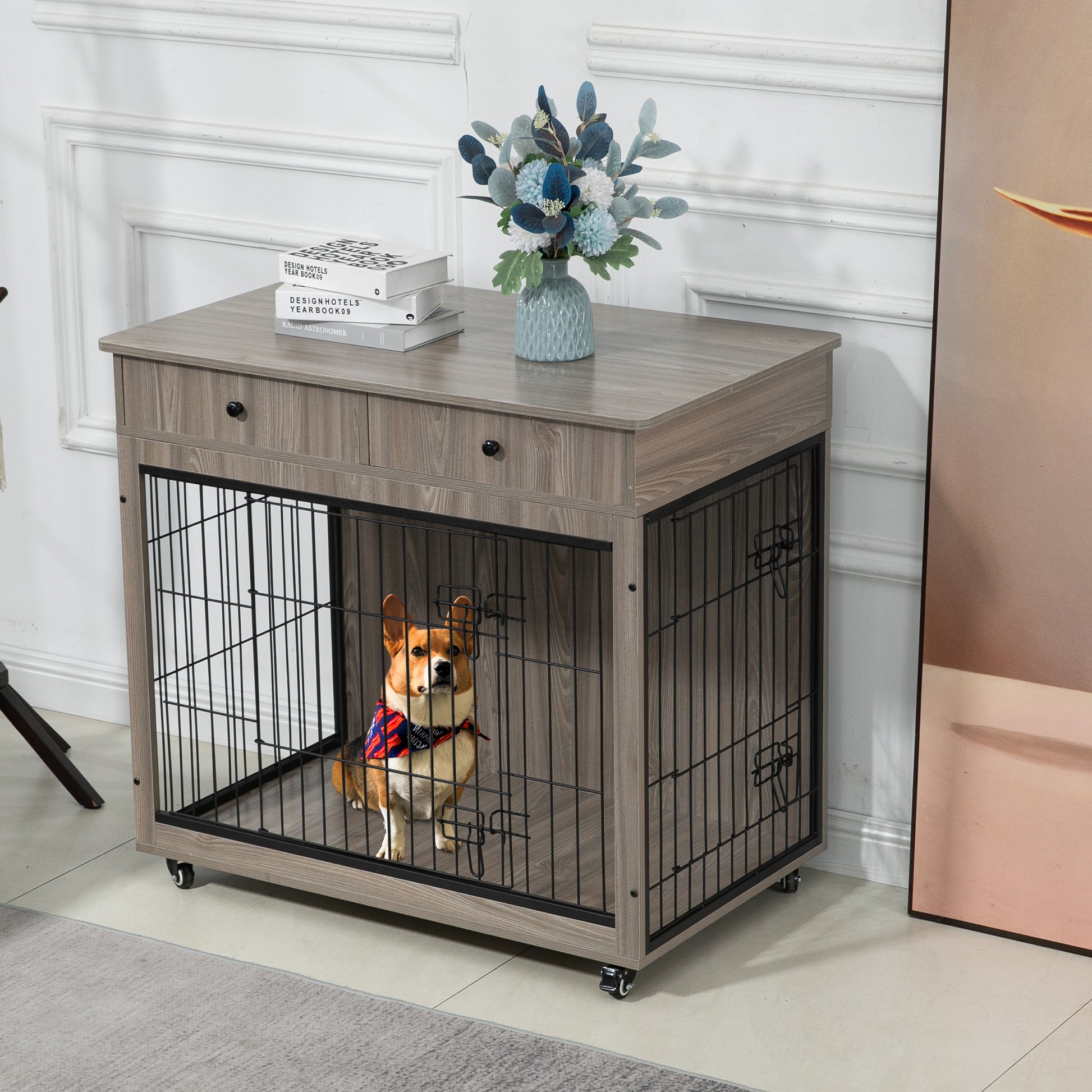 Dog Crate Furniture, Wooden Dog House, Decorative Dog Kennel With Drawer, Indoor Pet Crate End Table For Small Dog, Steel Tube Dog Cage, Chew Proof, Grey 31.7" L 23.2" W 33" H Grey Mdf Steel