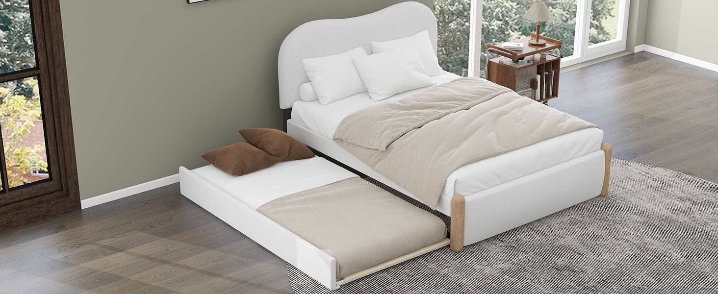 Full Size Upholstered Platform Bed With Wood Supporting Feet And Twin Size Trundle, White Box Spring Not Required Full White Wood Bedroom Upholstered