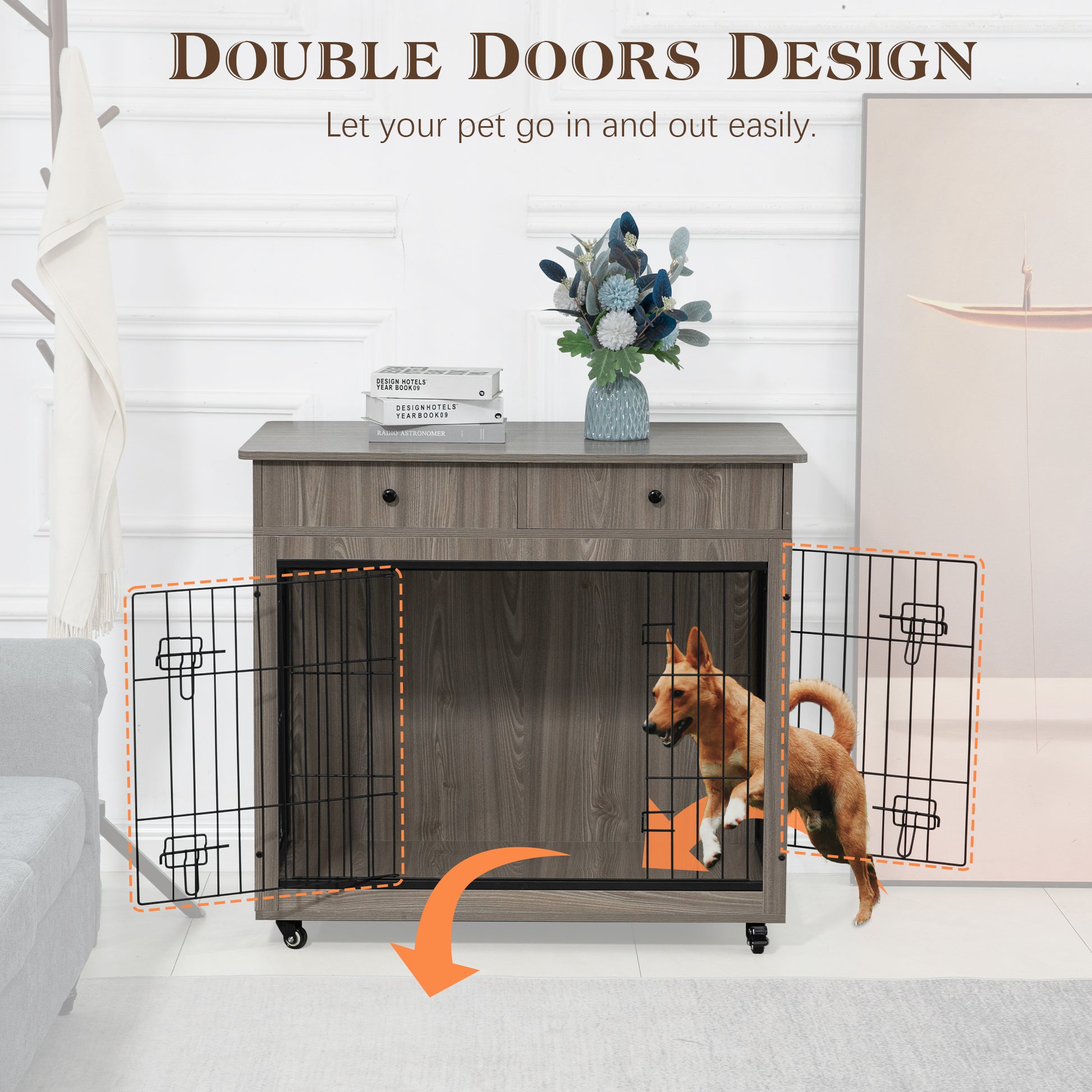 Dog Crate Furniture, Wooden Dog House, Decorative Dog Kennel With Drawer, Indoor Pet Crate End Table For Small Dog, Steel Tube Dog Cage, Chew Proof, Grey 31.7" L 23.2" W 33" H Grey Mdf Steel