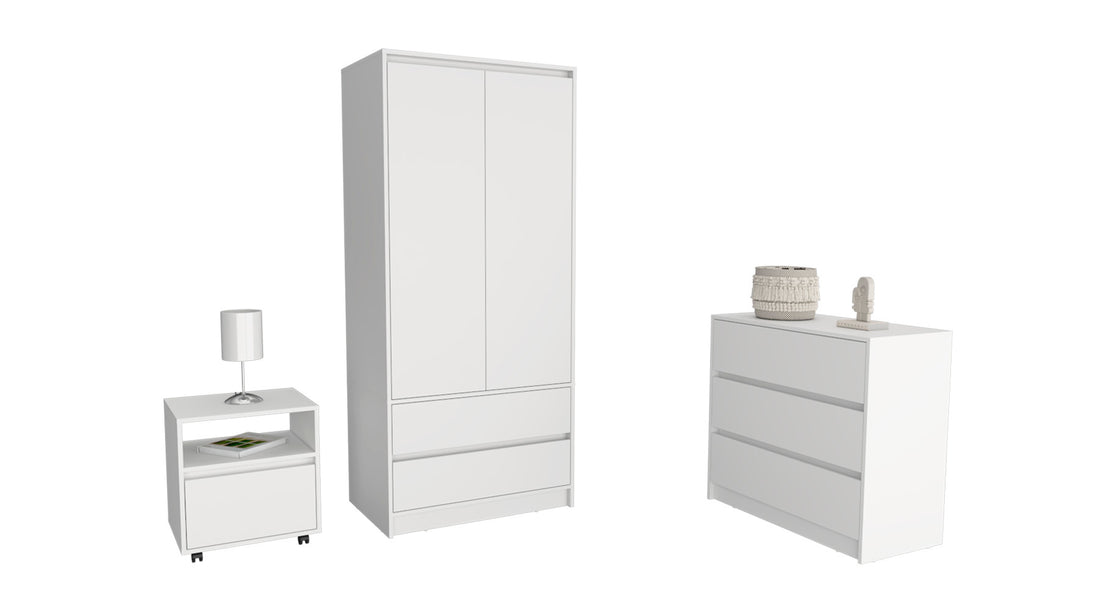 Beloit 3 Piece Bedroom Set, Nightstand Dresser Armoire, White White Particle Board Engineered Wood