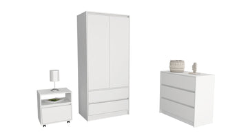 Beloit 3 Piece Bedroom Set, Nightstand Dresser Armoire, White White Particle Board Engineered Wood