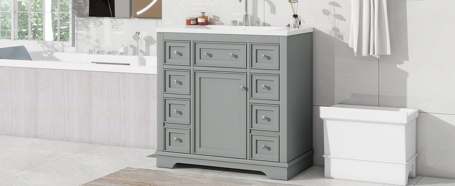 36" Bathroom Vanity With Sink Combo, One Cabinet And Six Drawers, Solid Wood And Mdf Board, Grey Grey Solid Wood Mdf