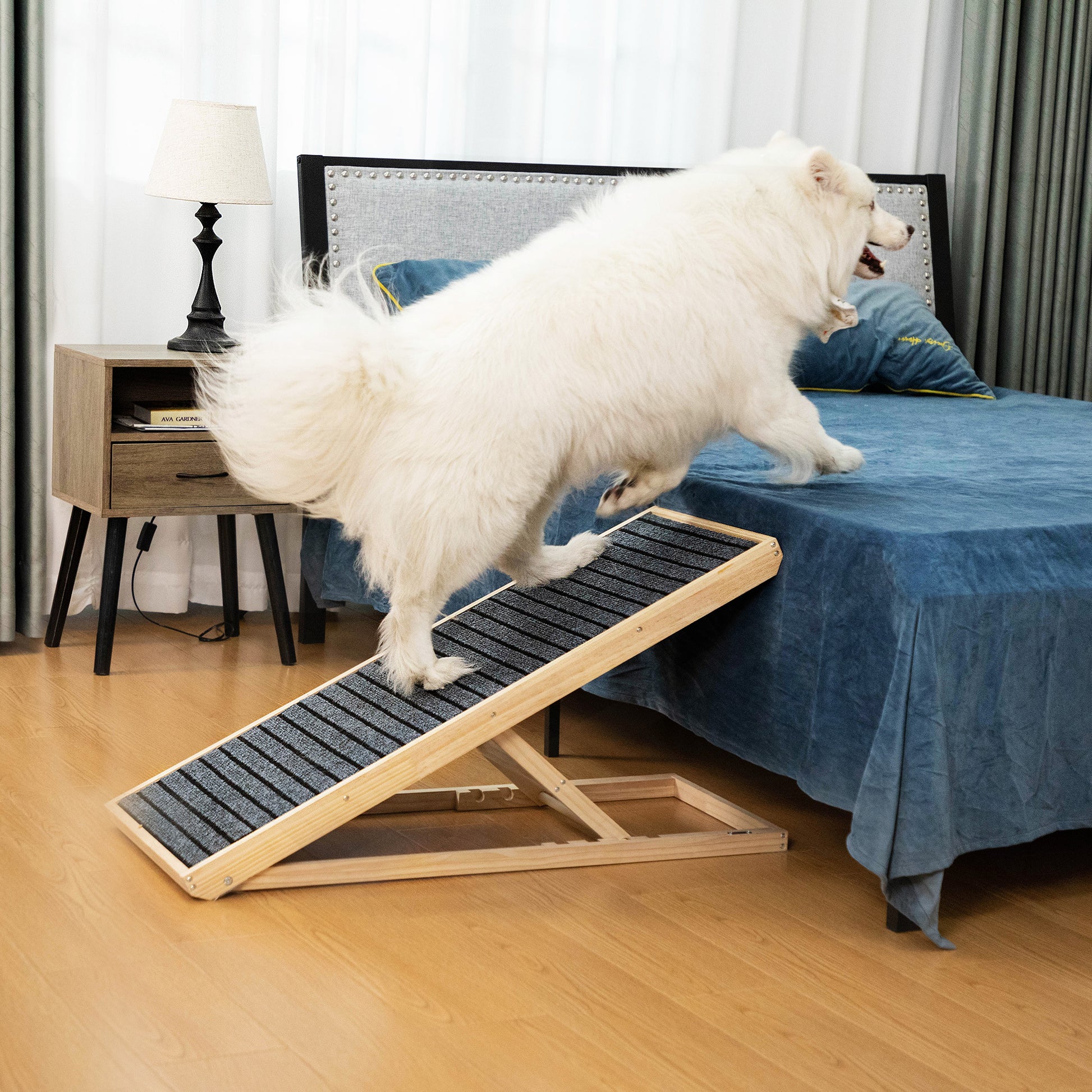 39" Long Wooden Pet Ramp, Folding Dog Cat Ramp With Height Adjustment From 15.8" To 23.6" And Non Slip Mat For Bed Couch, Natural Natural Wood