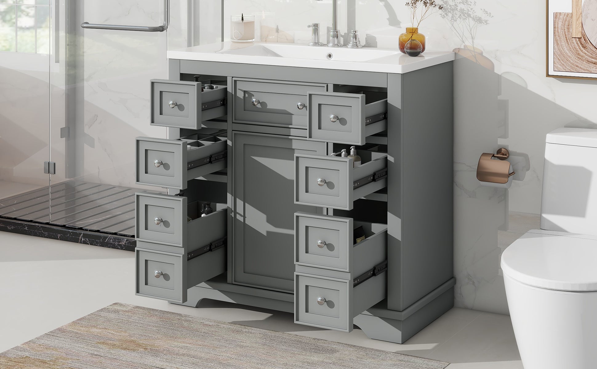 36" Bathroom Vanity With Sink Combo, One Cabinet And Six Drawers, Solid Wood And Mdf Board, Grey Old Sku:Sy999404Aae Grey Solid Wood Mdf