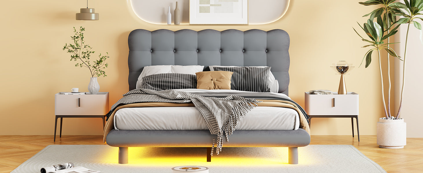 Full Size Velvet Platform Bed With Led Frame, Thick & Soft Fabric And Button Tufted Design Headboard, Gray Gray Velvet