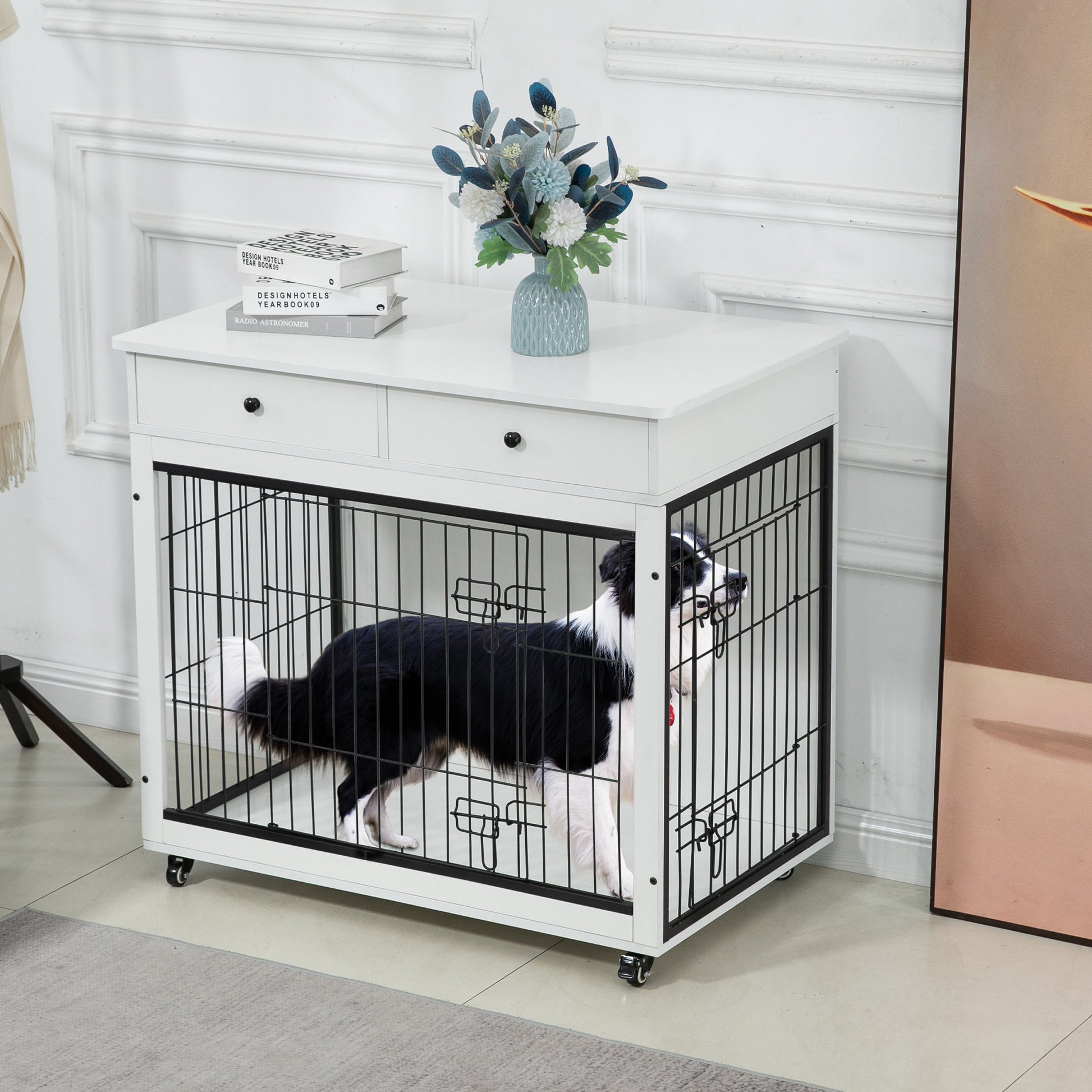 Dog Crate Furniture, Wooden Dog Crate End Table, 38.4 Inch Dog Kennel With 2 Drawers Storage, Heavy Duty Dog Crate, Decorative Pet Crate Dog Cage For Large Indoor Use White 38.4" L 23.2" W 35" H White Mdf Steel