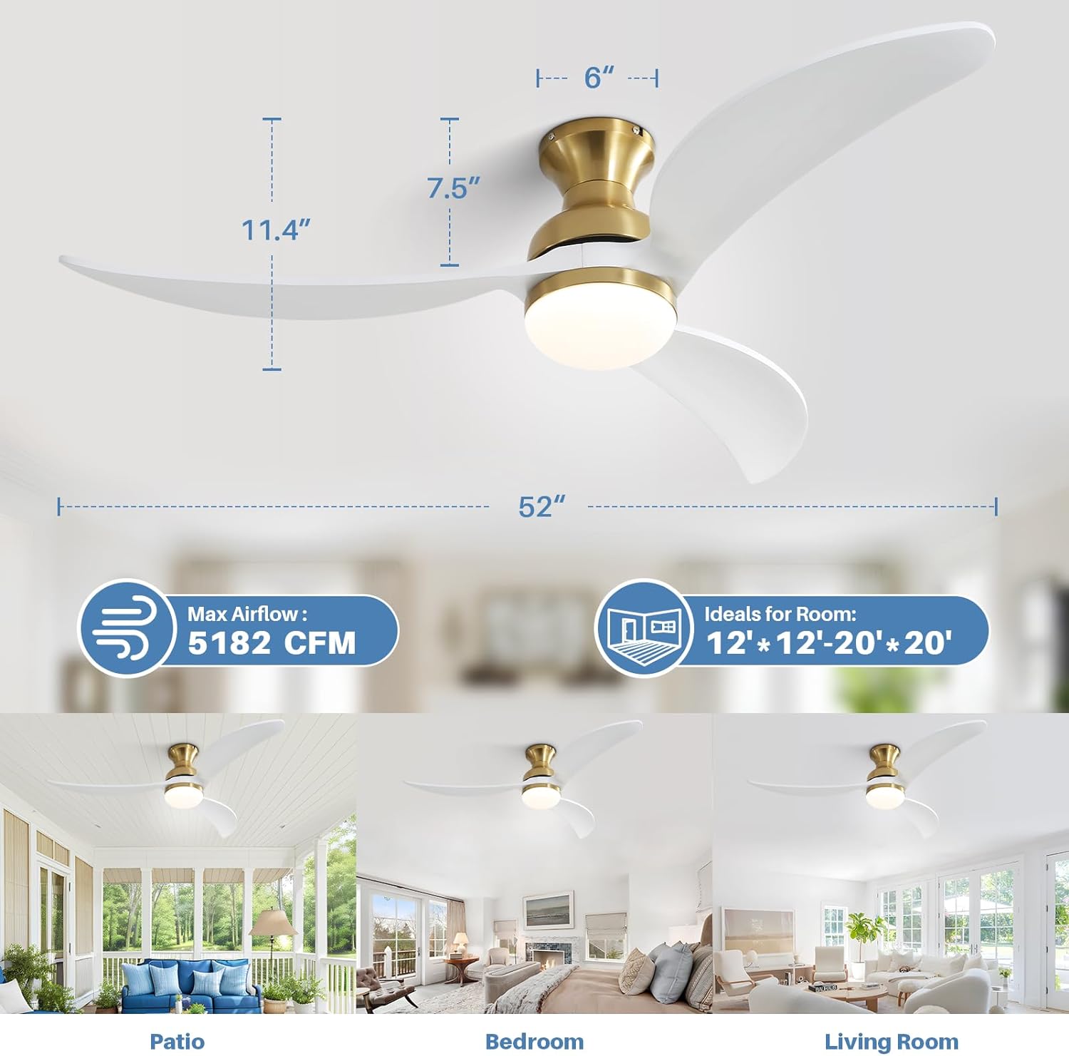 52 Inch Modern Ceiling Fan With 3 Color Dimmable Solid Wood Blades Remote Control Reversible Dc Motor For Bedroom Gold Metal & Wood