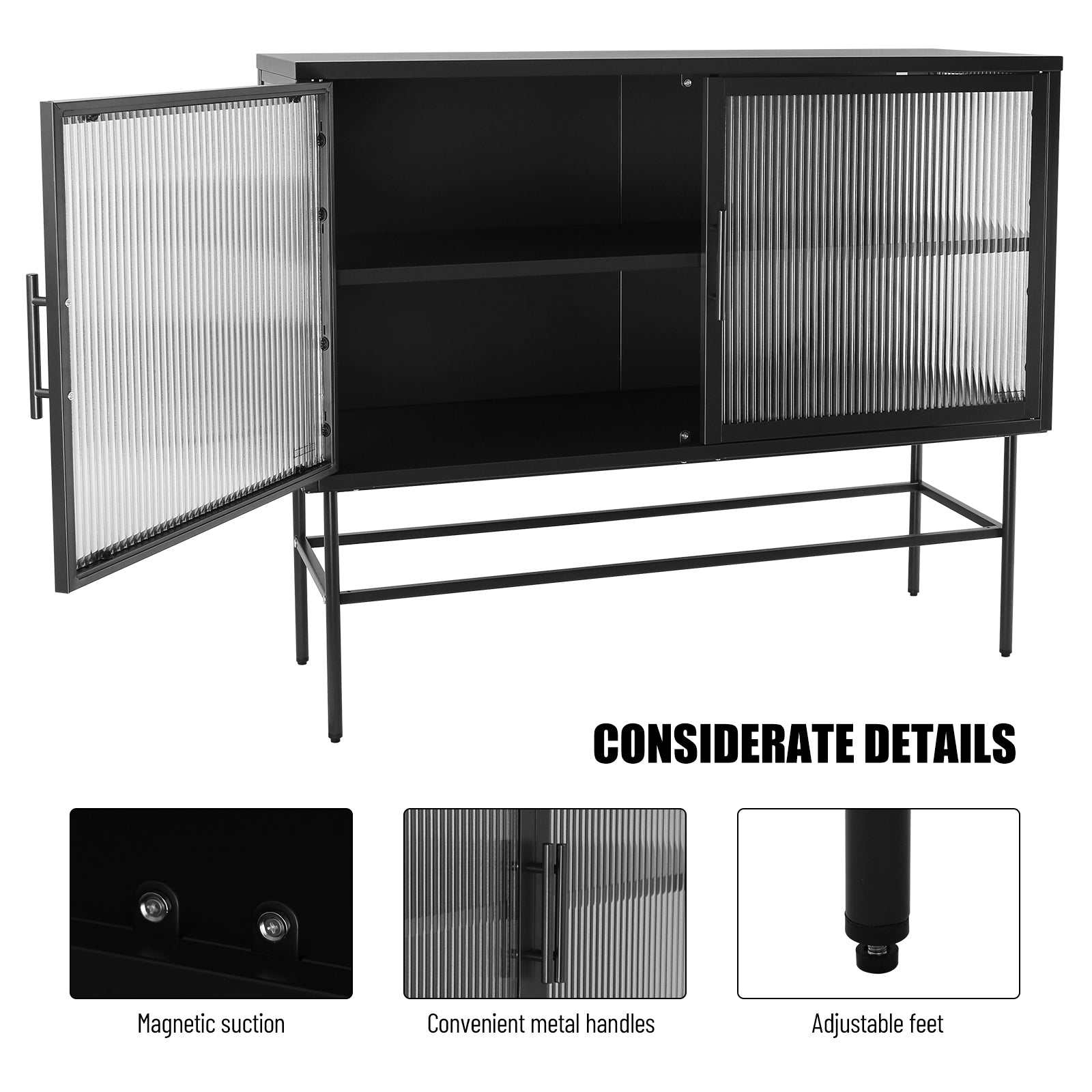 Double Door Tempered Glass Sideboard Console Table With 2 Fluted Glass Doors Adjustable Shelf And Feet Anti Tip Dust Free Kitchen Credenza Cabinet Black Black Tempered Glass Sheet Metal Plastic