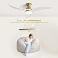 52 Inch Modern Ceiling Fan With 3 Color Dimmable Solid Wood Blades Remote Control Reversible Dc Motor For Bedroom Gold Metal & Wood