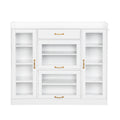 Modernist Side Cabinet With 4 Glass Doors & 3 Hooks, Freestanding Shoe Rack With Multiple Adjustable Shelves, Versatile Display Cabinet With Gold Handles For Hallway, Living Room, White 5 Or More Spaces White Primary Living Space Adjustable Shelves