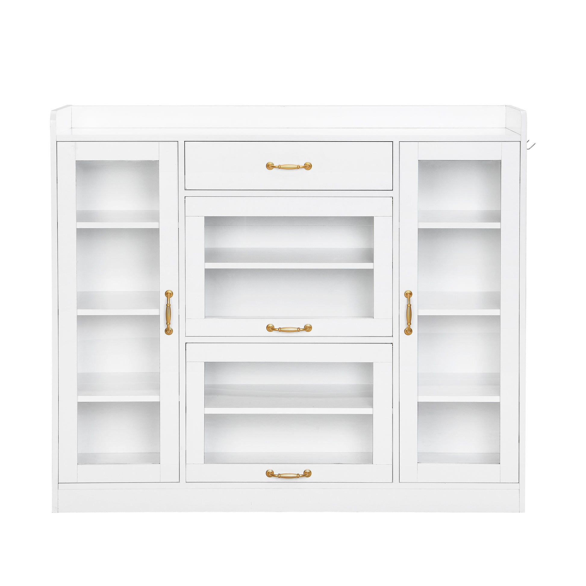 Modernist Side Cabinet With 4 Glass Doors & 3 Hooks, Freestanding Shoe Rack With Multiple Adjustable Shelves, Versatile Display Cabinet With Gold Handles For Hallway, Living Room, White 5 Or More Spaces White Primary Living Space Adjustable Shelves