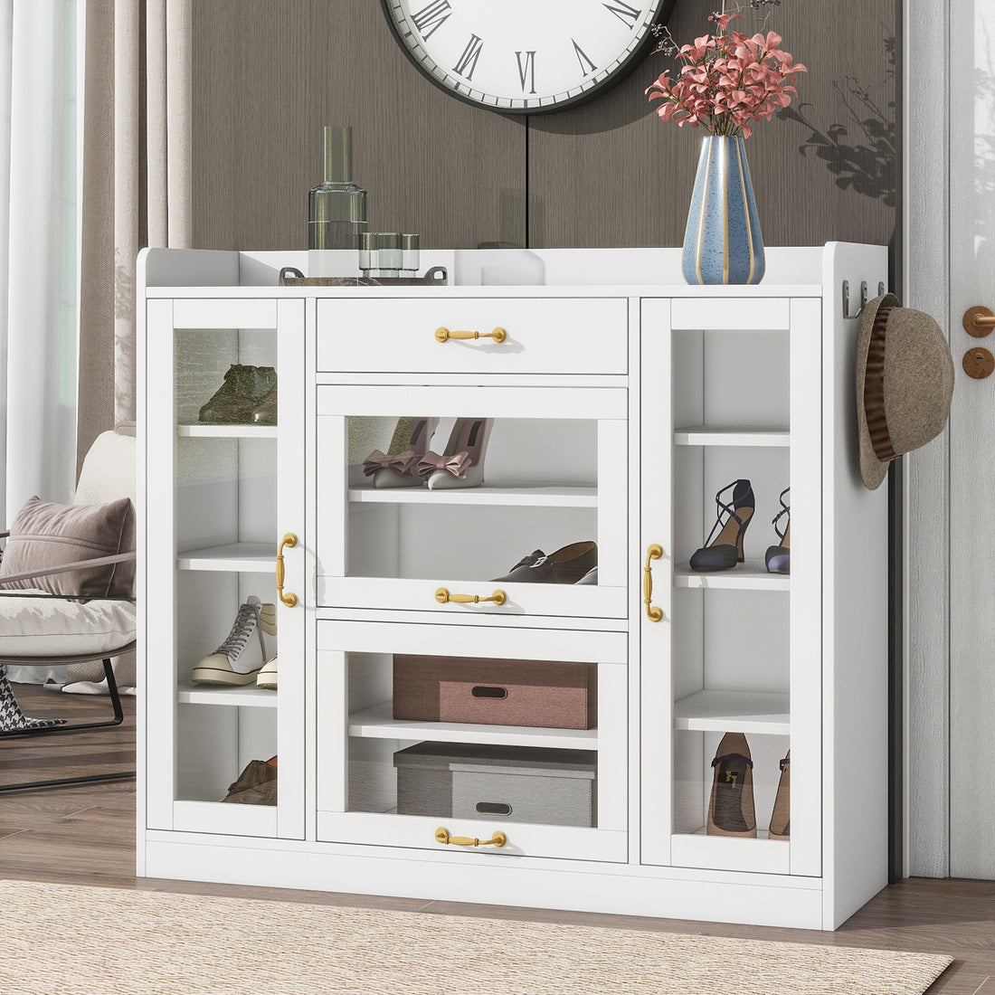 Modernist Side Cabinet With 4 Glass Doors & 3 Hooks, Freestanding Shoe Rack With Multiple Adjustable Shelves, Versatile Display Cabinet With Gold Handles For Hallway, Living Room, White 5 Or More Spaces White Primary Living Space Adjustable Shelves