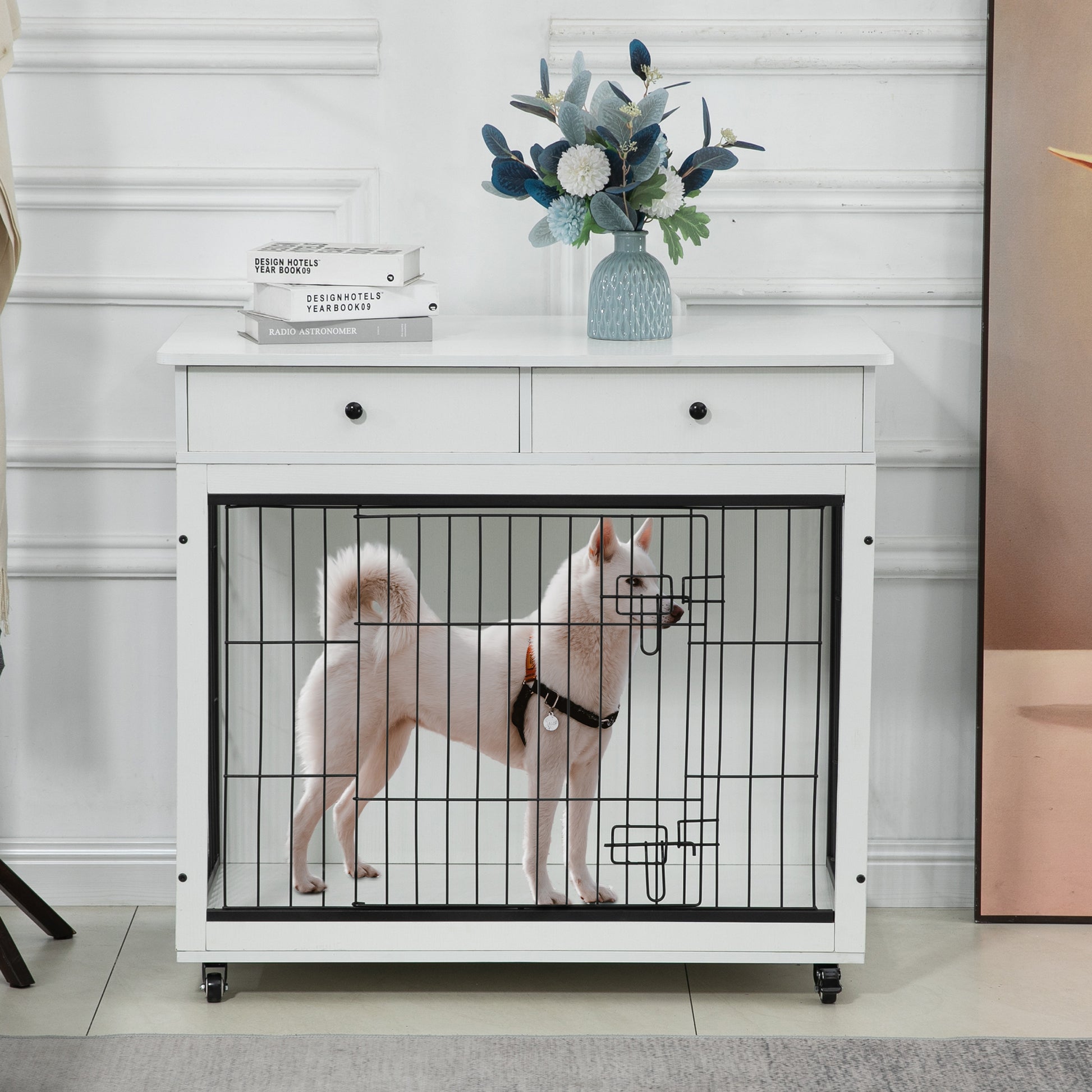 Dog Crate Furniture, Wooden Dog Crate End Table, 38.4 Inch Dog Kennel With 2 Drawers Storage, Heavy Duty Dog Crate, Decorative Pet Crate Dog Cage For Large Indoor Use White 38.4" L 23.2" W 35" H White Mdf Steel