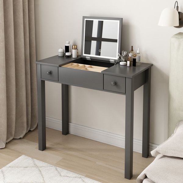 grey wood dressing table Furniture of America Vidi Contemporary Grey Solid Wood 3-Piece Makeup Vanity Set with Outlets and USBs